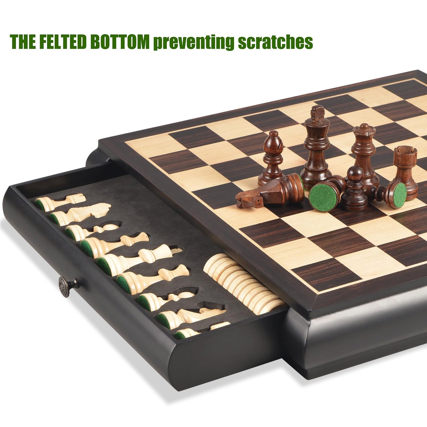 Vamslove Wooden Chess & Checkers Set — 15.5-Inch Board, Drawer Storage, Weighted Pieces, 2 Extra Queens