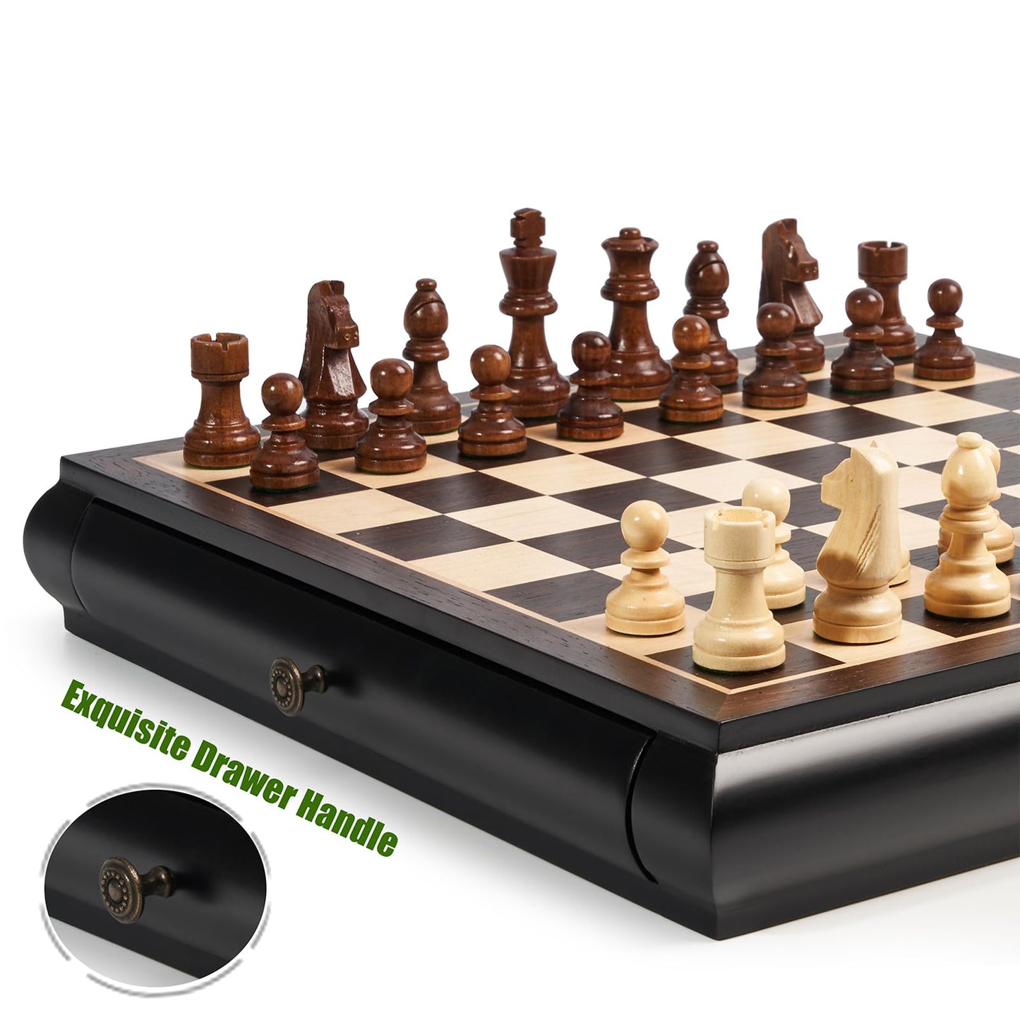 Vamslove Wooden Chess & Checkers Set — 15.5-Inch Board, Drawer Storage, Weighted Pieces, 2 Extra Queens