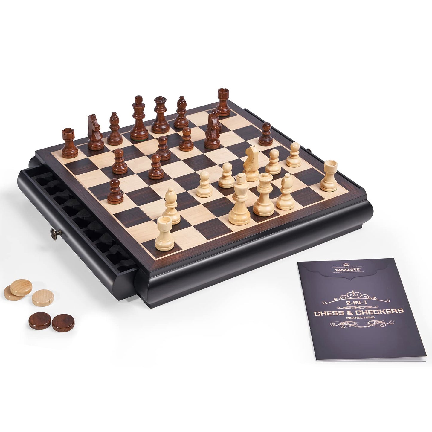 Vamslove Wooden Chess & Checkers Set — 15.5-Inch Board, Drawer Storage, Weighted Pieces, 2 Extra Queens