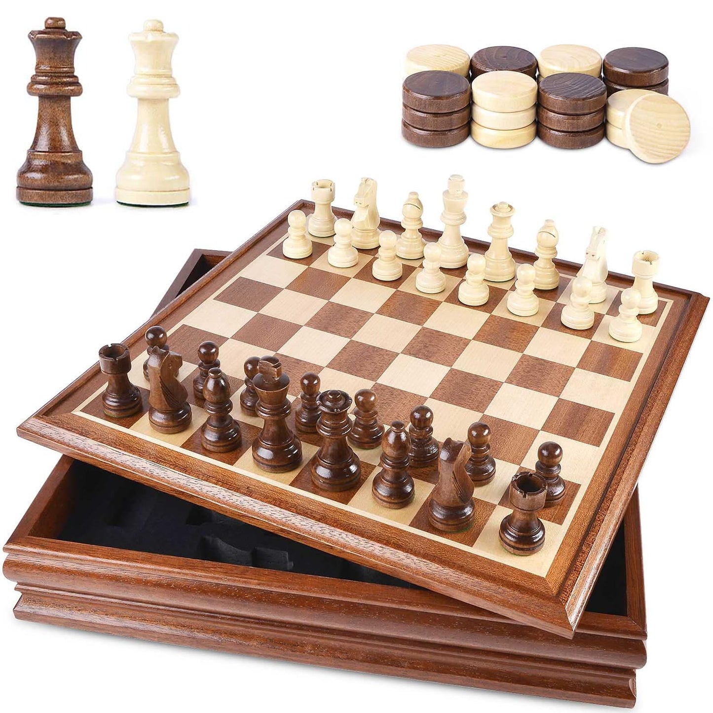 VAMSLOVE 15-Inch Deluxe Chess & Checkers Set with Storage – Wooden 2-in-1, 3-Inch King, 2 Extra Queens