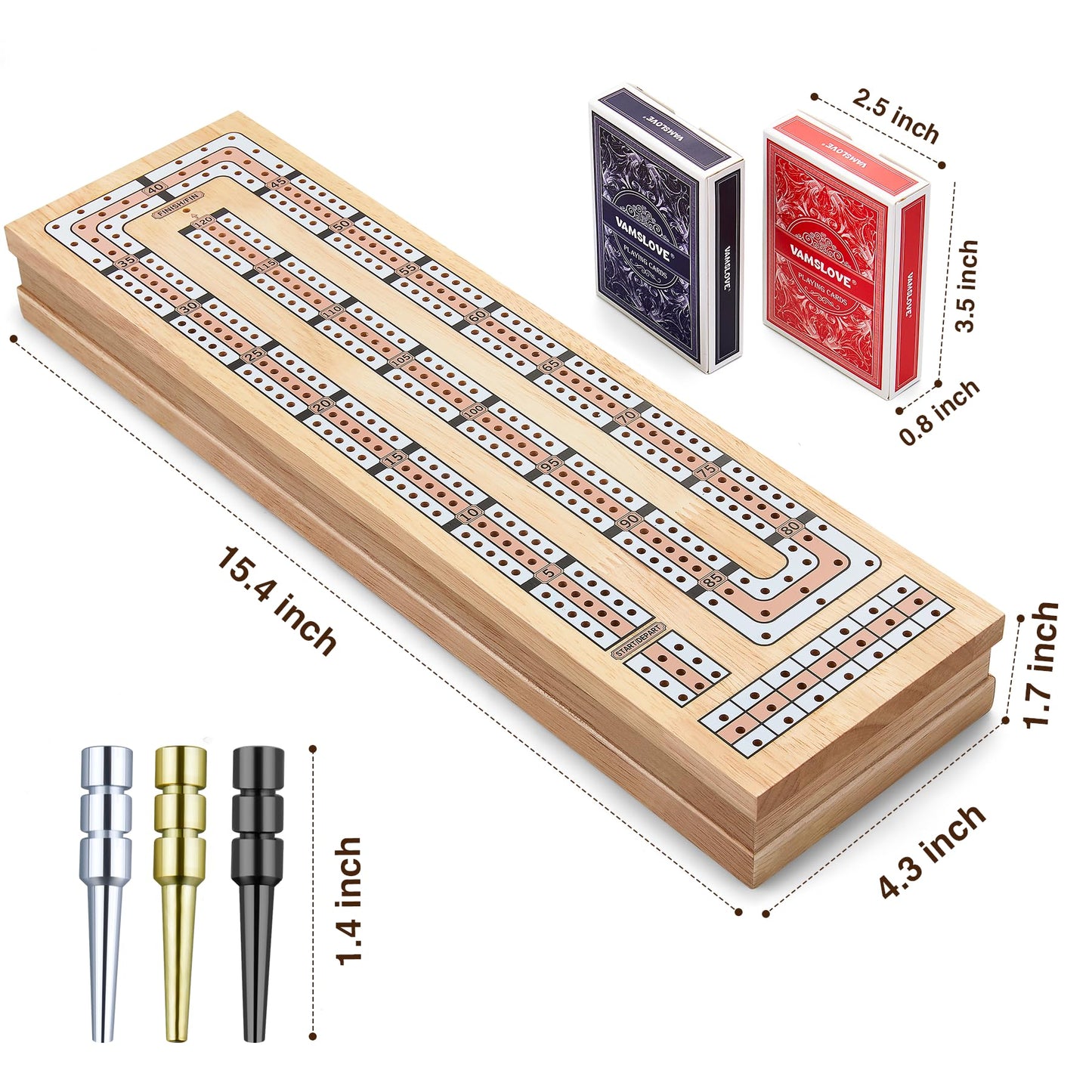 Vamslove Magnetic Cribbage Board – 15'' Wooden Folding 3-Track Set with Card & Peg Storage