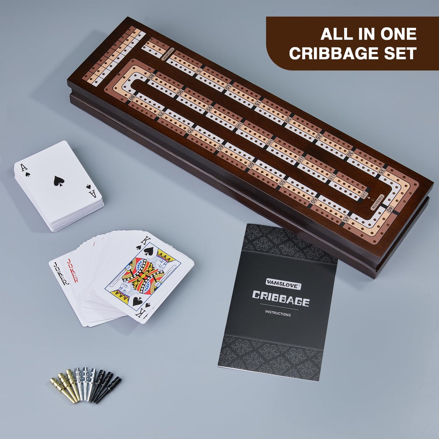 VAMSLOVE Wooden Cribbage Board – Magnetic 3-Track, Travel-Friendly, Card & Peg Storage