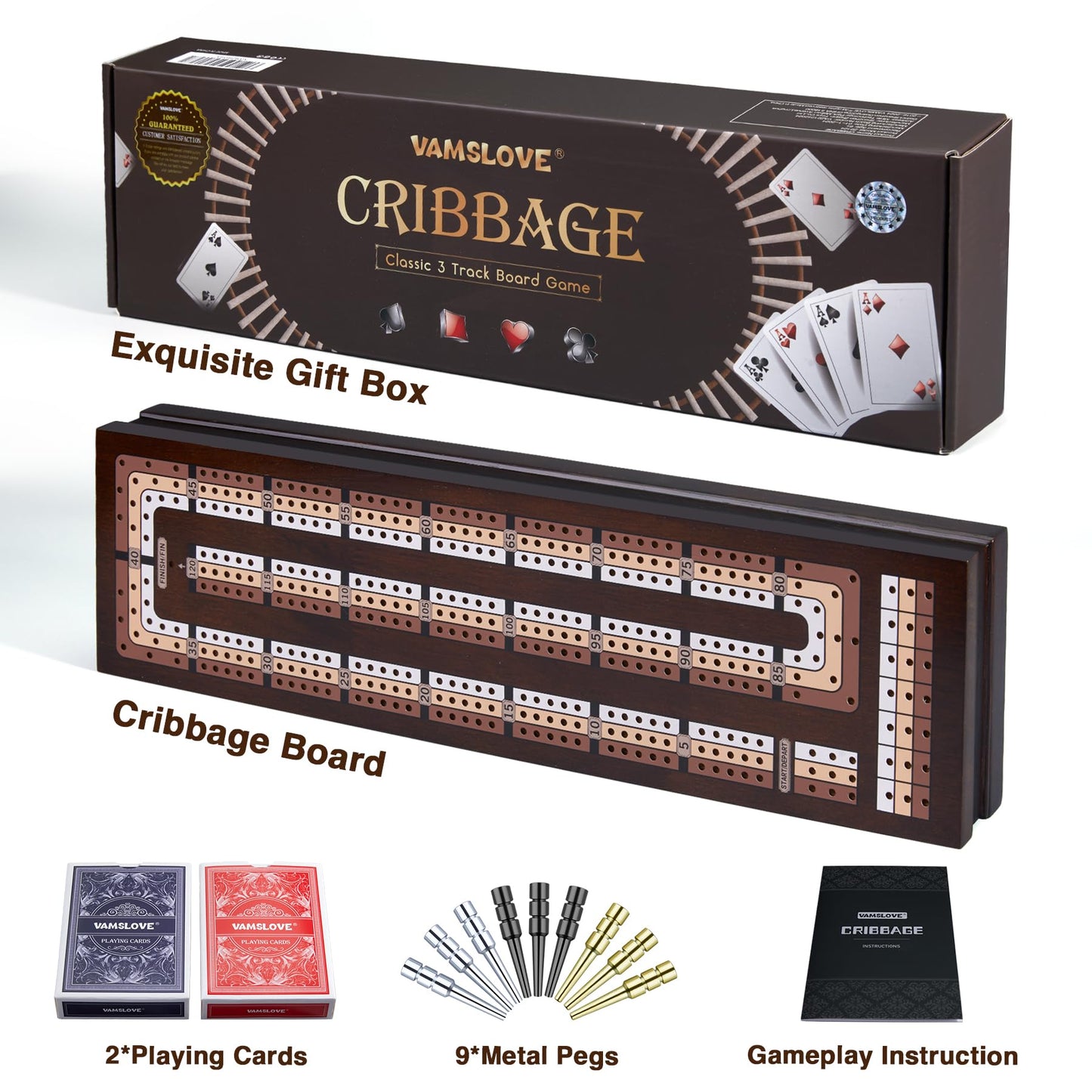 VAMSLOVE Wooden Cribbage Board – Magnetic 3-Track, Travel-Friendly, Card & Peg Storage