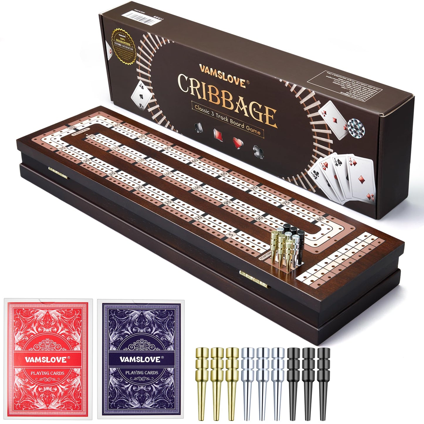 VAMSLOVE Wooden Cribbage Board – Magnetic 3-Track, Travel-Friendly, Card & Peg Storage