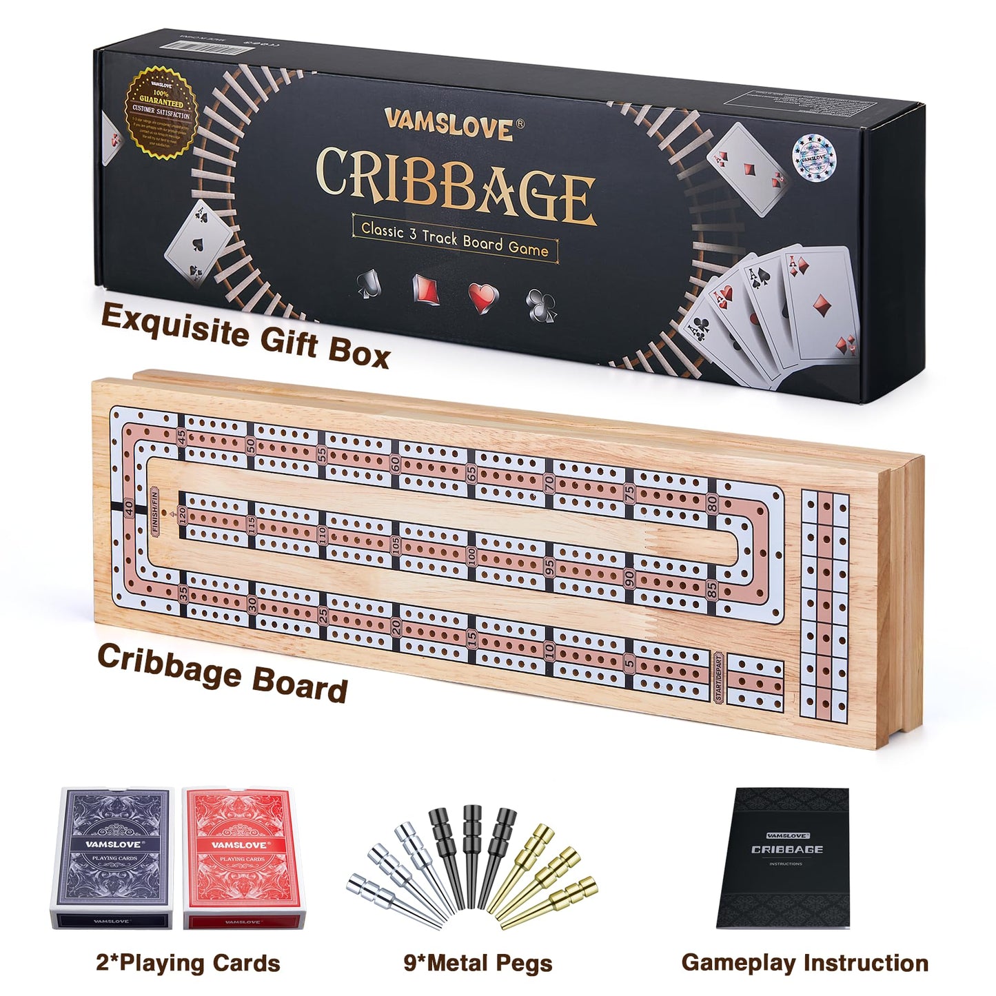 Vamslove Magnetic Cribbage Board – 15'' Wooden Folding 3-Track Set with Card & Peg Storage