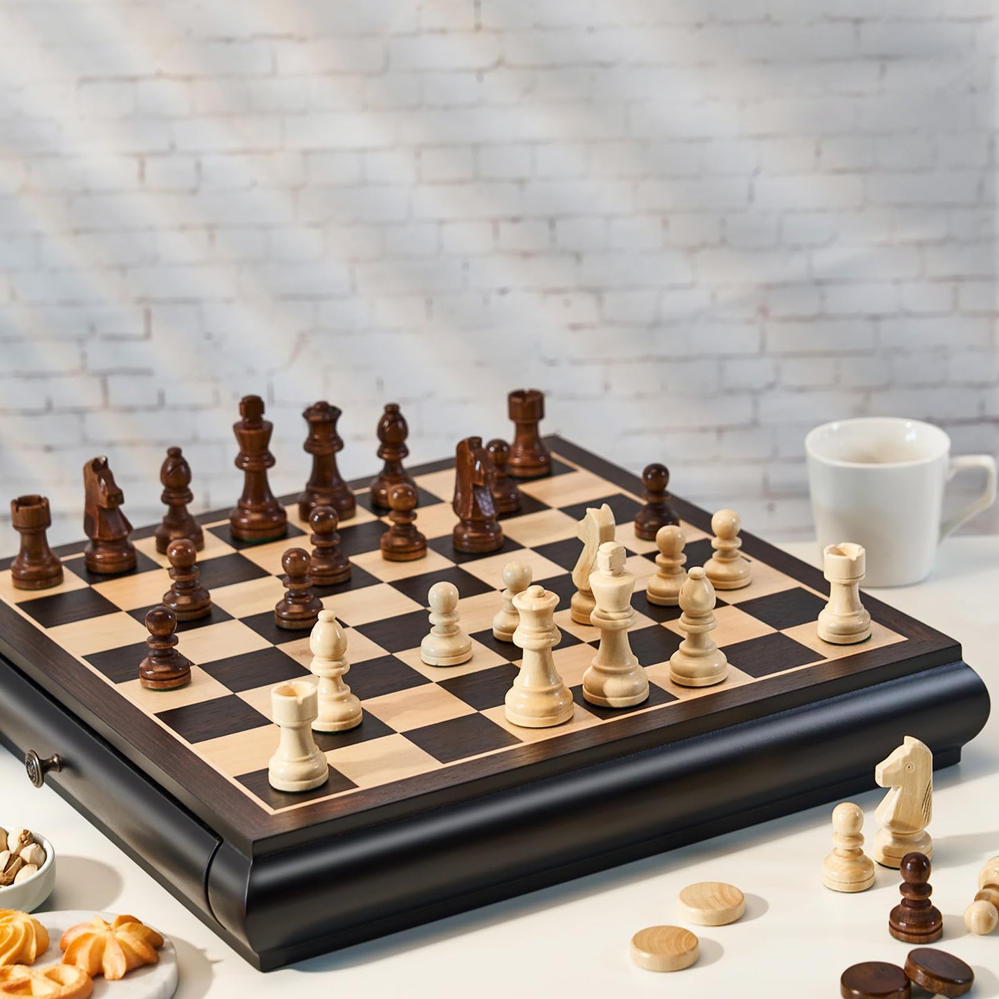 Vamslove Wooden Chess & Checkers Set — 15.5-Inch Board, Drawer Storage, Weighted Pieces, 2 Extra Queens