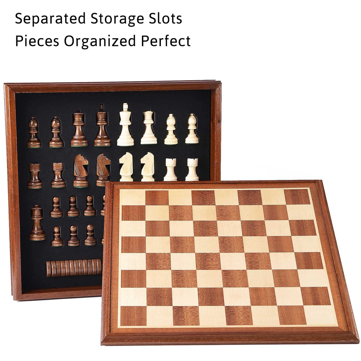 VAMSLOVE 15-Inch Deluxe Chess & Checkers Set with Storage – Wooden 2-in-1, 3-Inch King, 2 Extra Queens