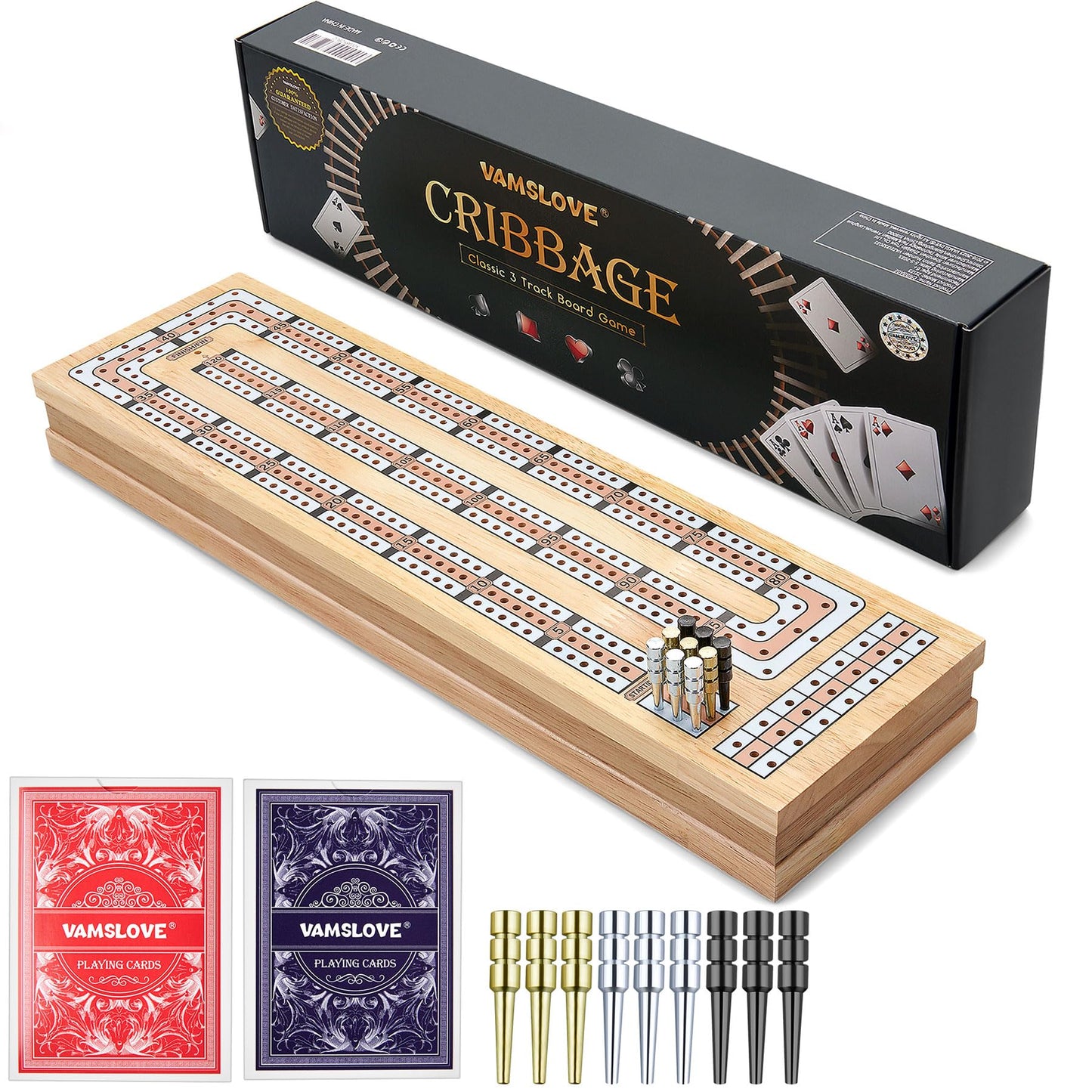 Vamslove Magnetic Cribbage Board – 15'' Wooden Folding 3-Track Set with Card & Peg Storage
