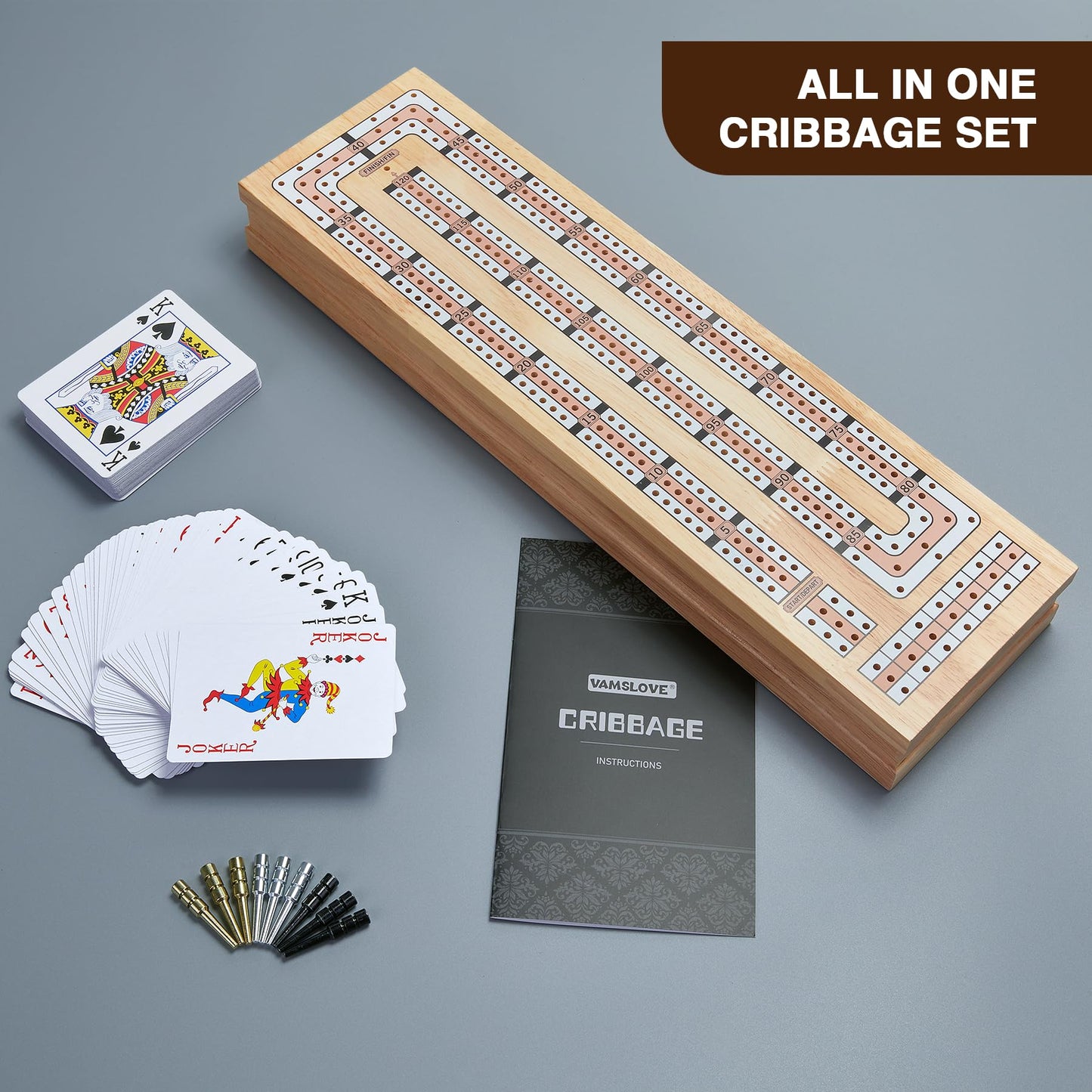 Vamslove Magnetic Cribbage Board – 15'' Wooden Folding 3-Track Set with Card & Peg Storage