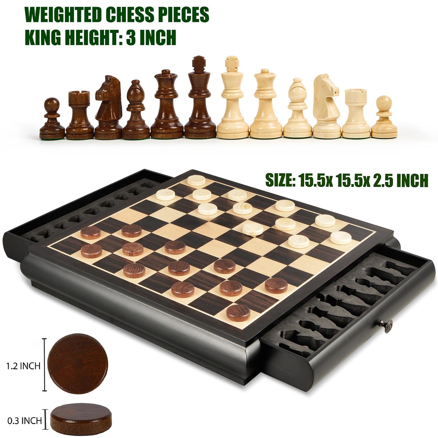 Vamslove Wooden Chess & Checkers Set — 15.5-Inch Board, Drawer Storage, Weighted Pieces, 2 Extra Queens