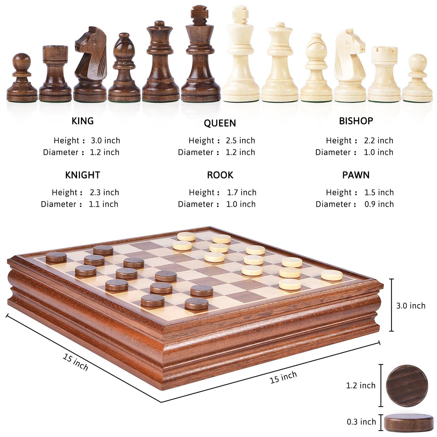 VAMSLOVE 15-Inch Deluxe Chess & Checkers Set with Storage – Wooden 2-in-1, 3-Inch King, 2 Extra Queens