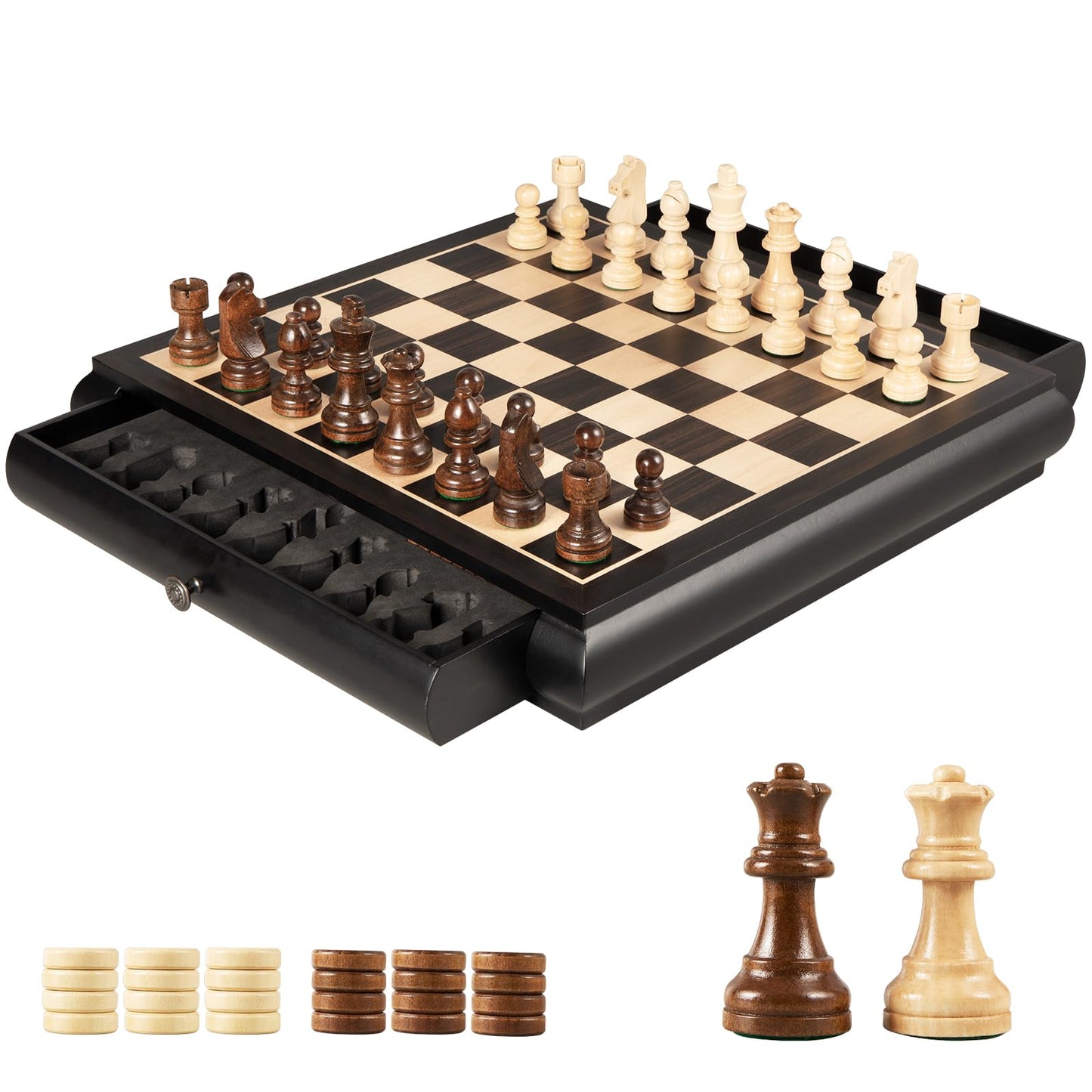 Vamslove Wooden Chess & Checkers Set — 15.5-Inch Board, Drawer Storage, Weighted Pieces, 2 Extra Queens