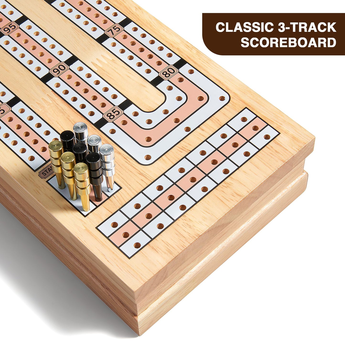 Vamslove Magnetic Cribbage Board – 15'' Wooden Folding 3-Track Set with Card & Peg Storage
