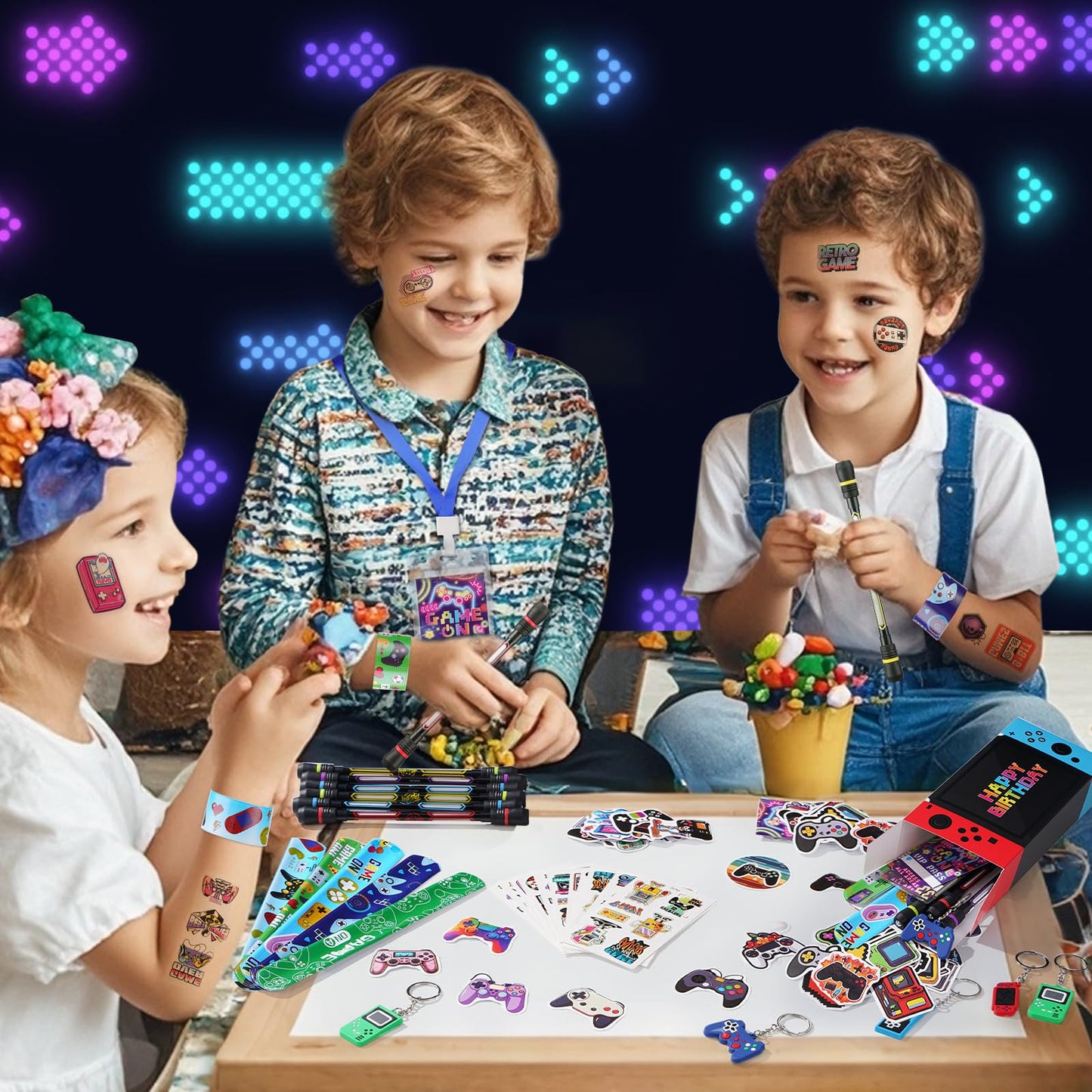 Vanblue 122pcs Video Game Party Favors – Gift Boxes, VIP Passes, Keychains & Tattoos
