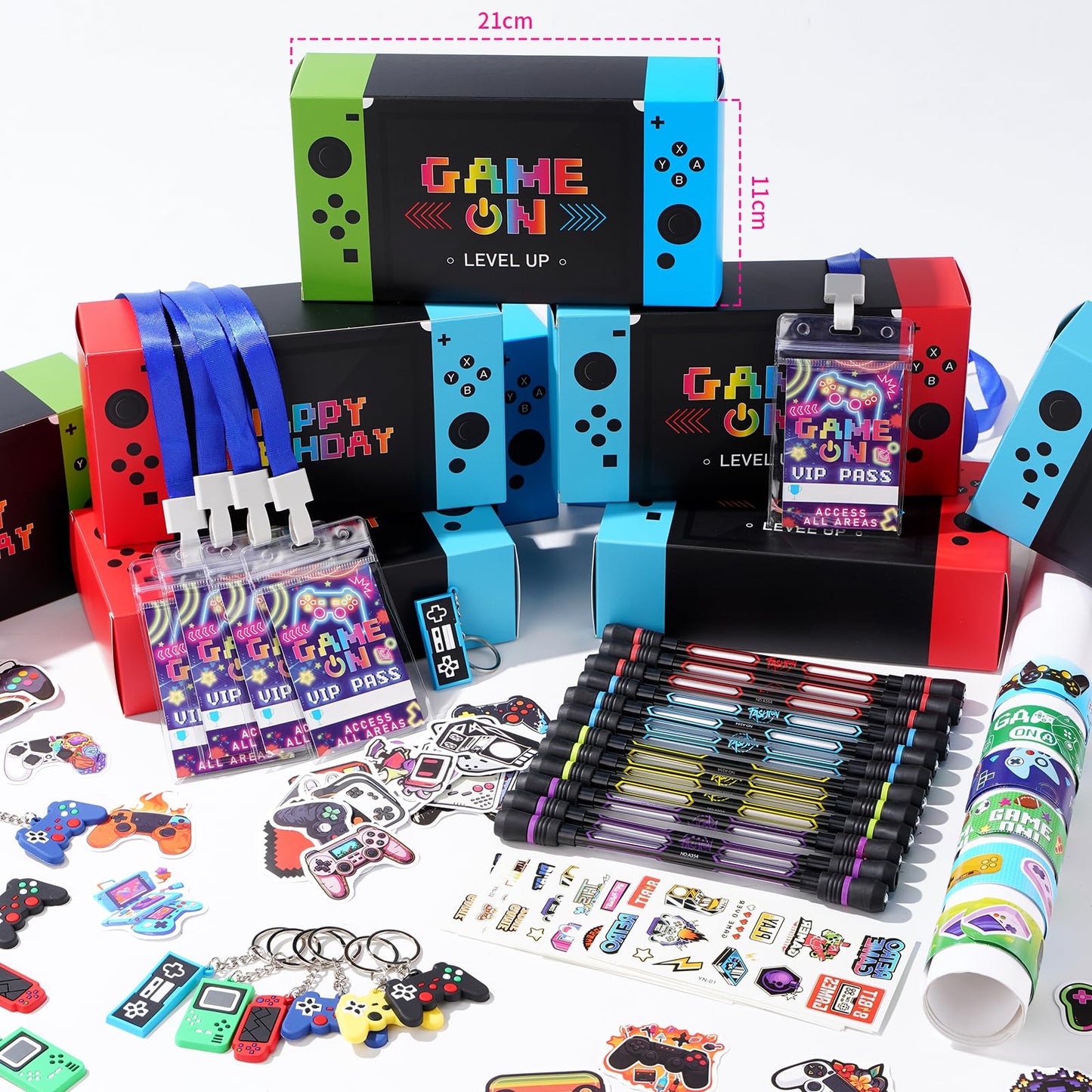Vanblue 122pcs Video Game Party Favors – Gift Boxes, VIP Passes, Keychains & Tattoos