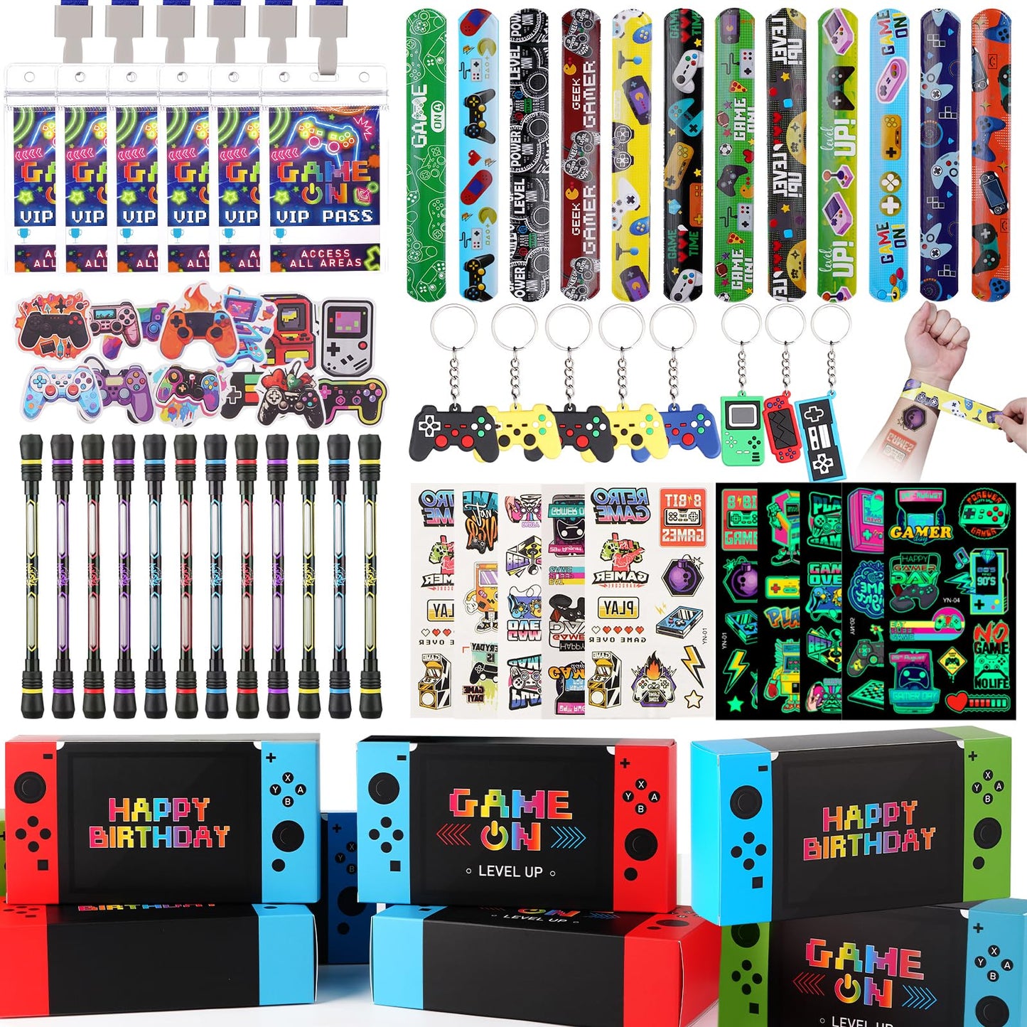 Vanblue 122pcs Video Game Party Favors – Gift Boxes, VIP Passes, Keychains & Tattoos