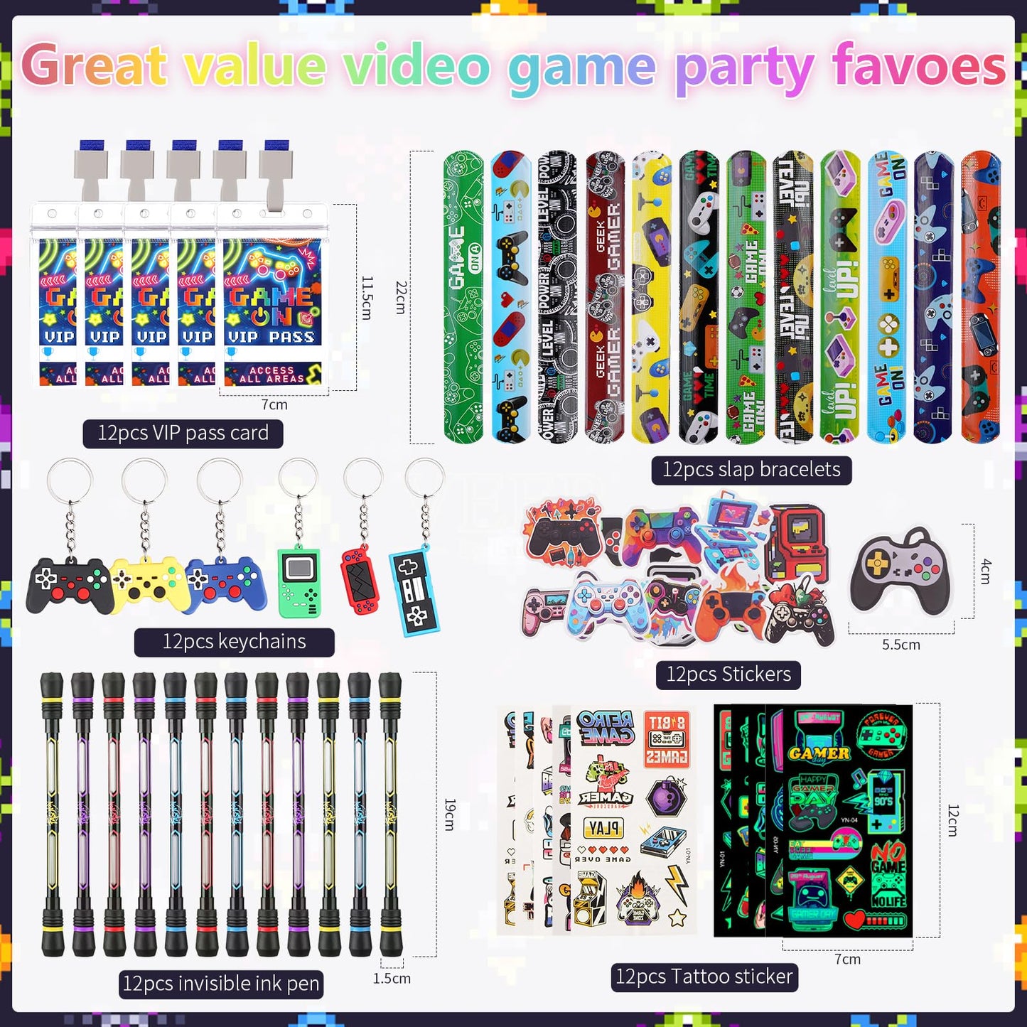 Vanblue 122pcs Video Game Party Favors – Gift Boxes, VIP Passes, Keychains & Tattoos