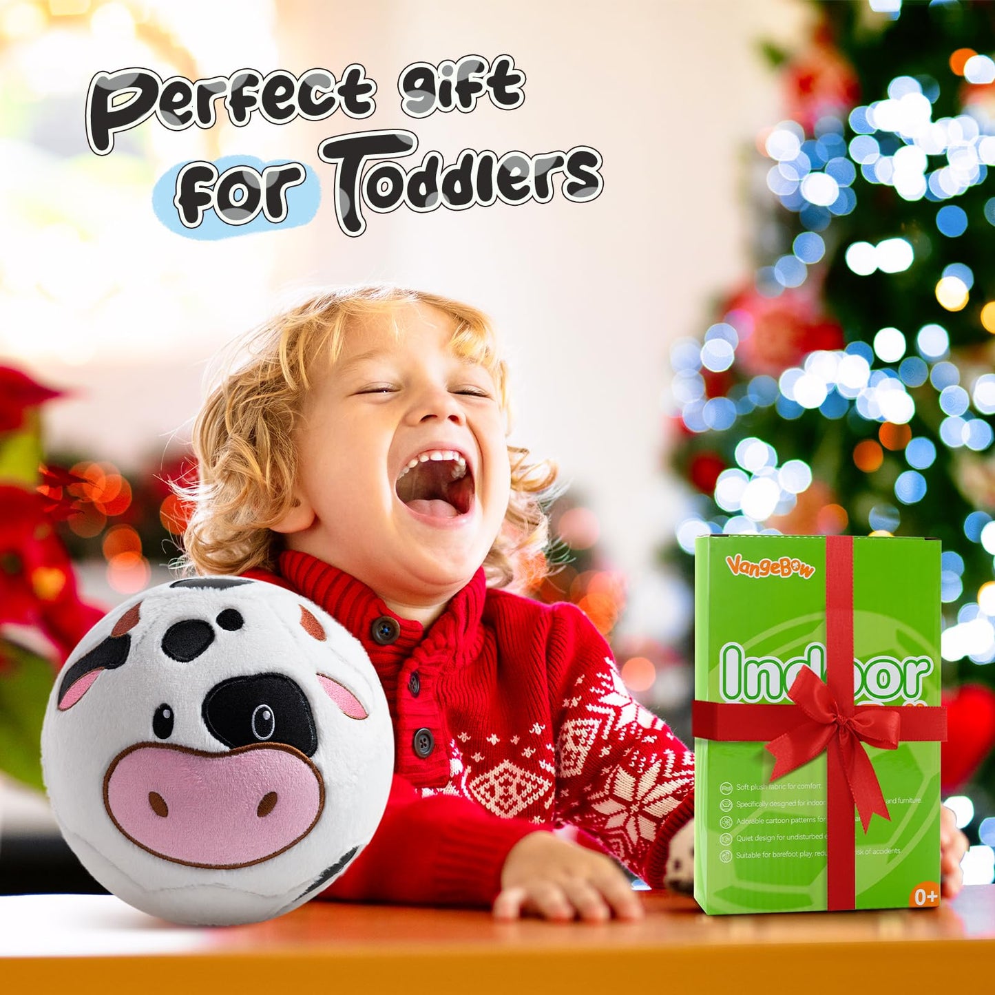 VangeBow Silent Indoor Cow Plush Soccer Ball for Toddlers 1-3 | Soft, Lightweight Play