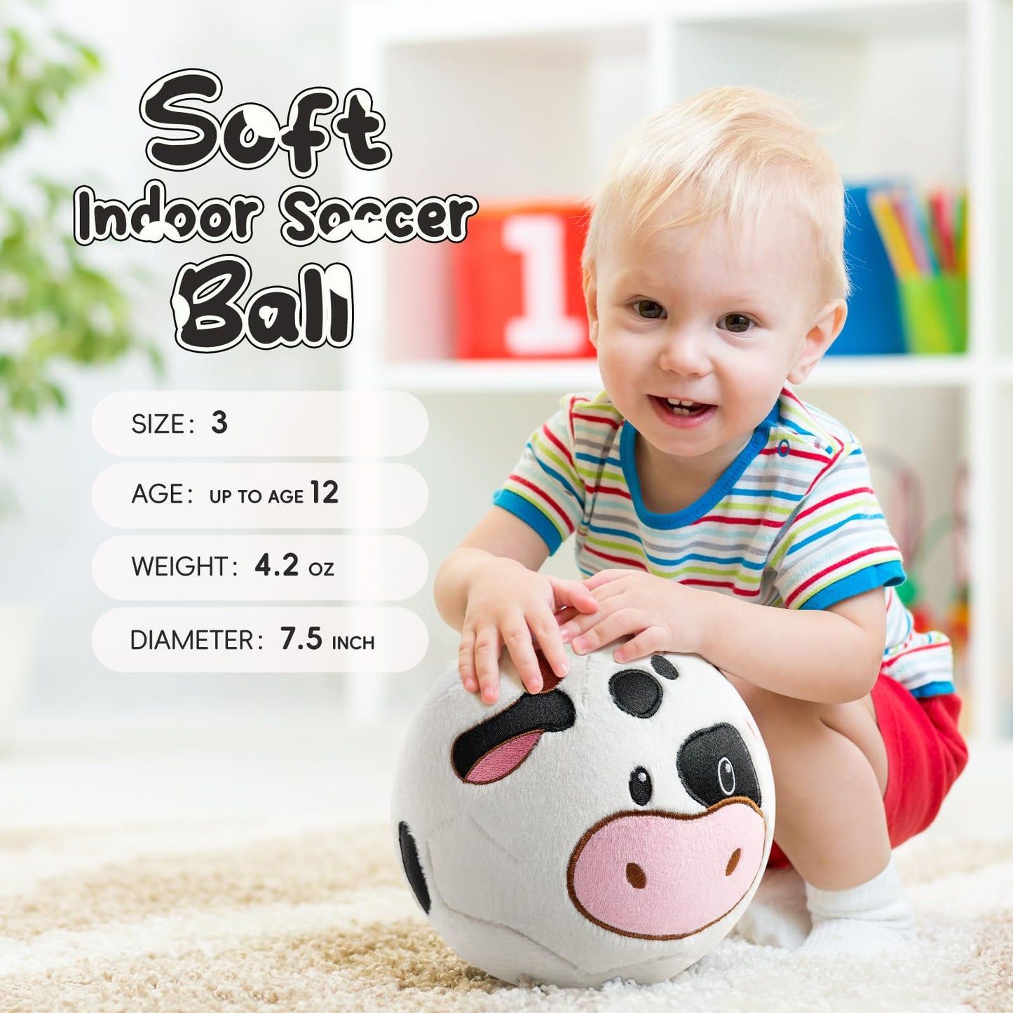 VangeBow Silent Indoor Cow Plush Soccer Ball for Toddlers 1-3 | Soft, Lightweight Play