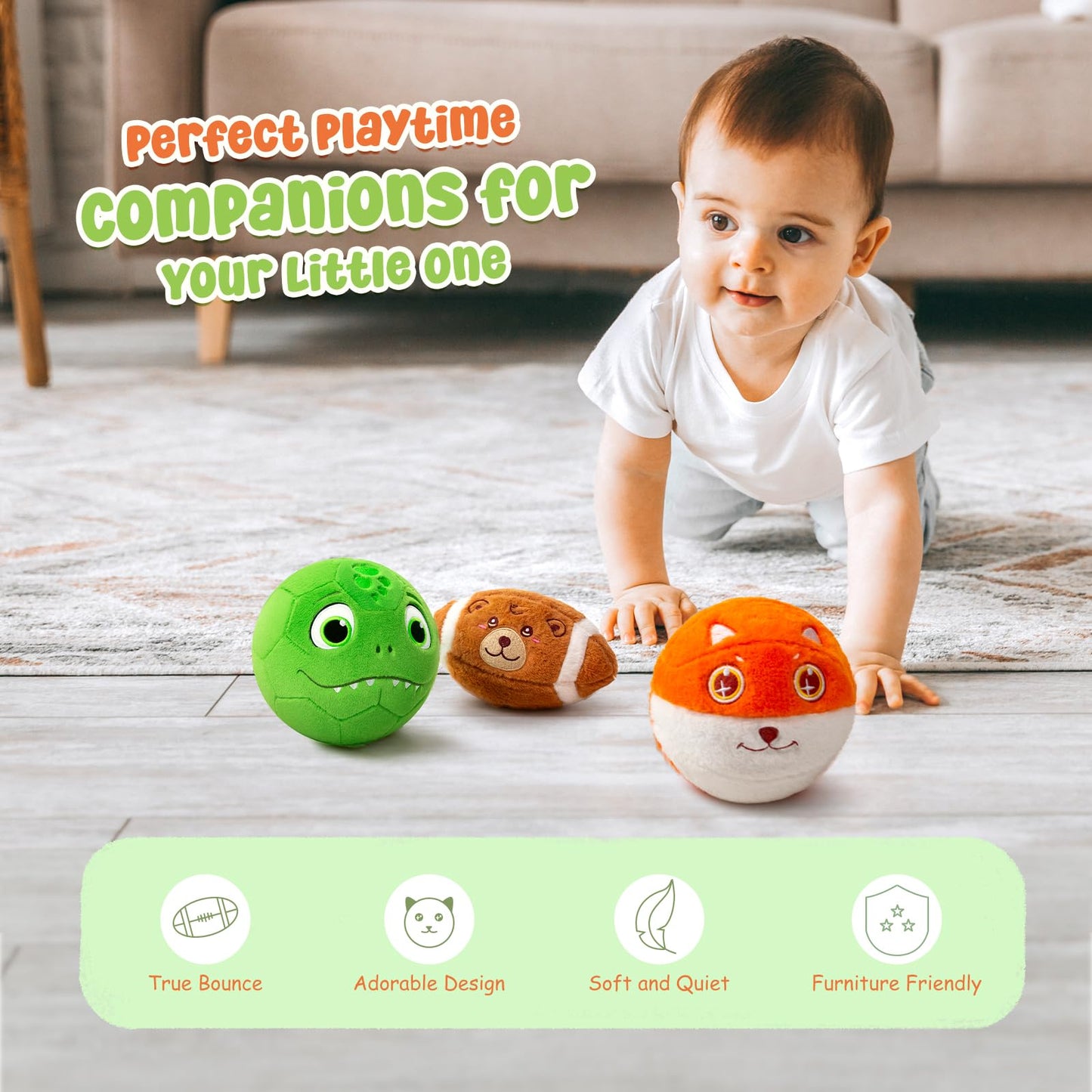 VangeBow 3 Pack Soft Plush Sports Balls for Toddlers | 5in Soccer & Basketball, 6.5in Football
