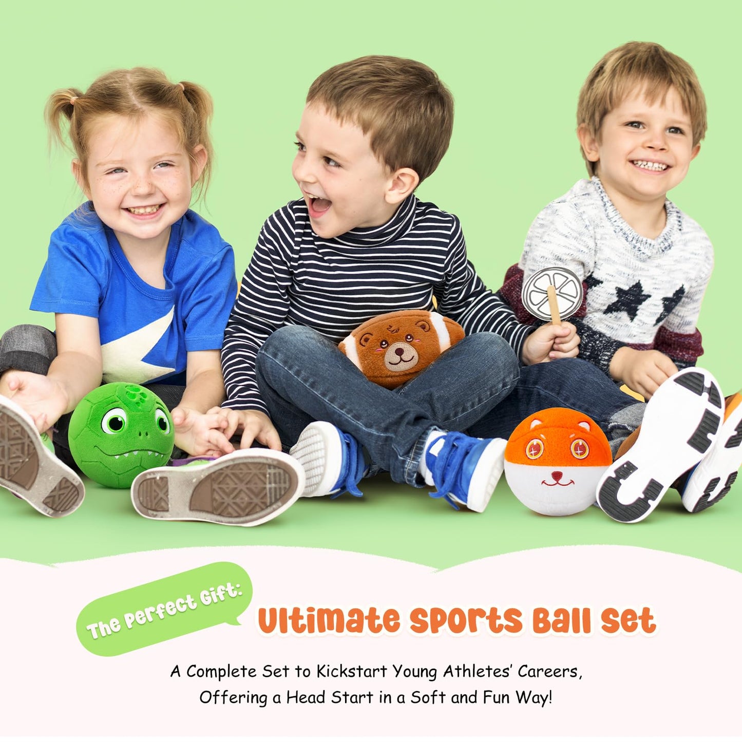 VangeBow 3 Pack Soft Plush Sports Balls for Toddlers | 5in Soccer & Basketball, 6.5in Football