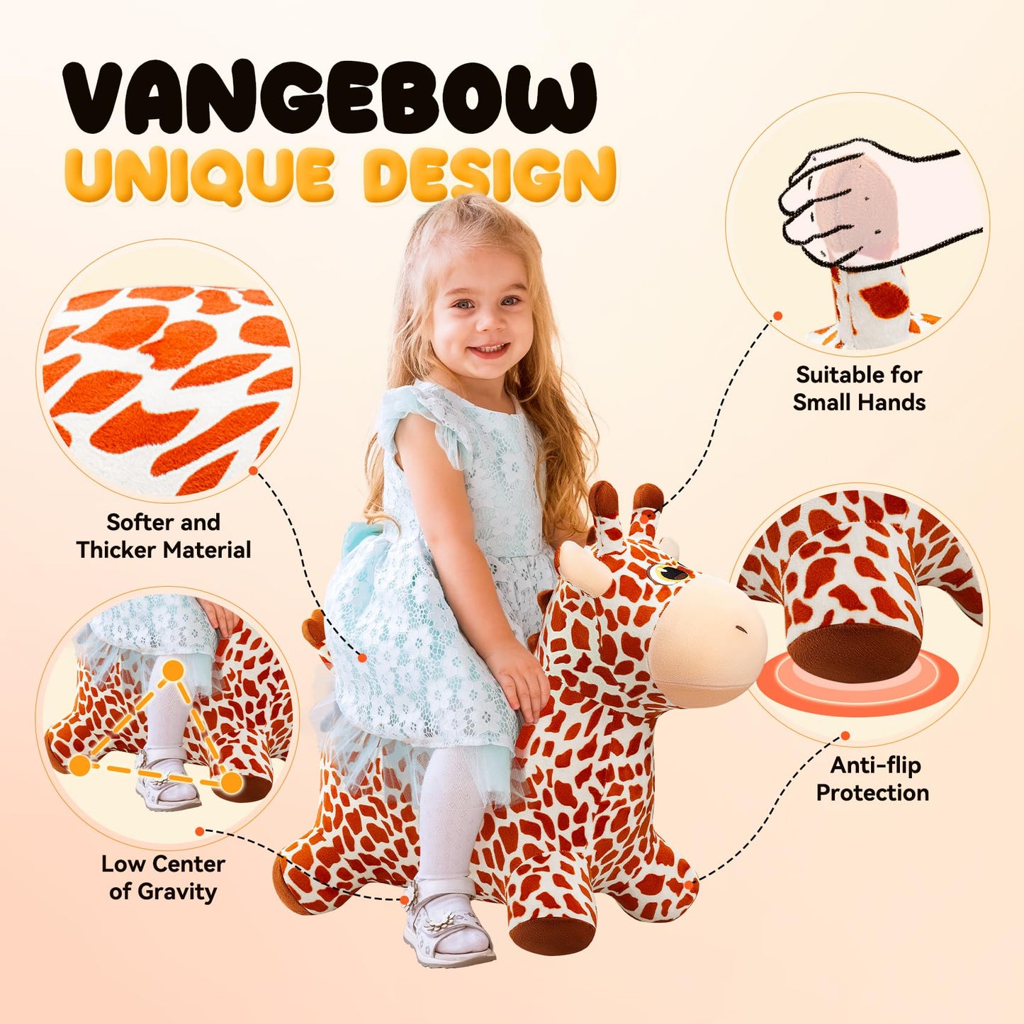 VangeBow Giraffe Bouncy Horse Toy for Toddlers – Indoor/Outdoor Hop Toy with Pump Included