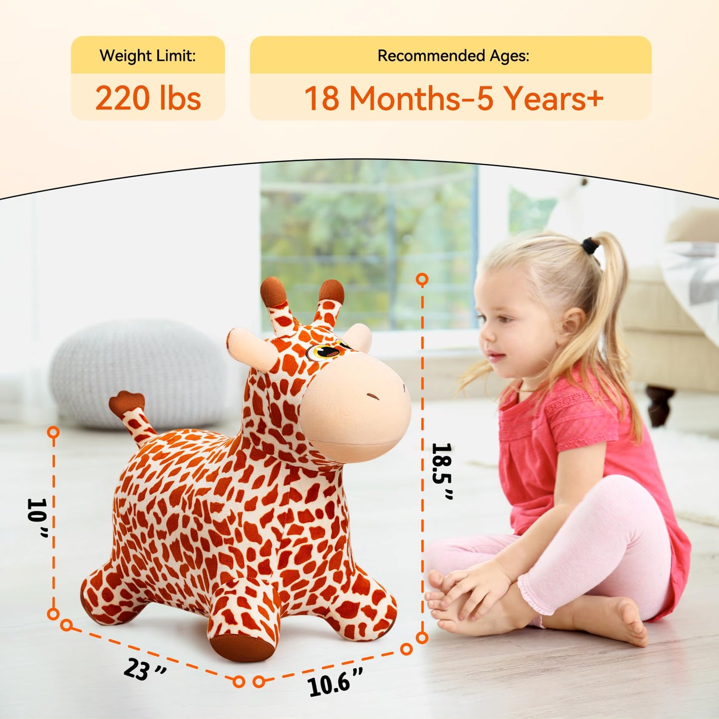 VangeBow Giraffe Bouncy Horse Toy for Toddlers – Indoor/Outdoor Hop Toy with Pump Included