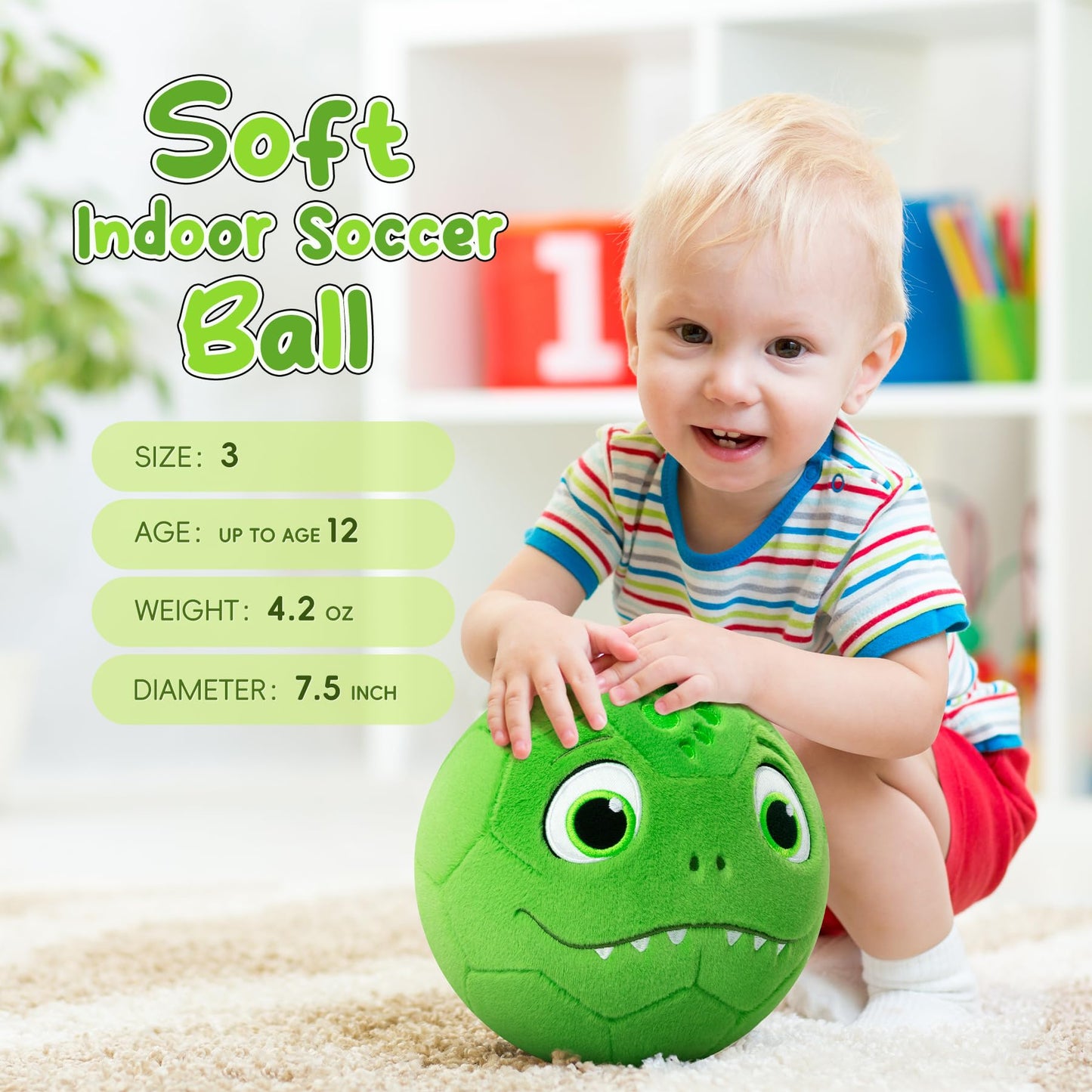 VangeBow Silent Indoor Dino Plush Soccer Ball for Toddlers 1-3 | Lightweight, Quiet Play with Pump Included
