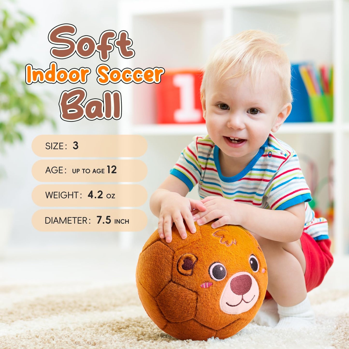 VangeBow Bear Plush Indoor Soccer Ball for Toddlers 1-3 | Quiet, Soft Plush Ball with Pump Included