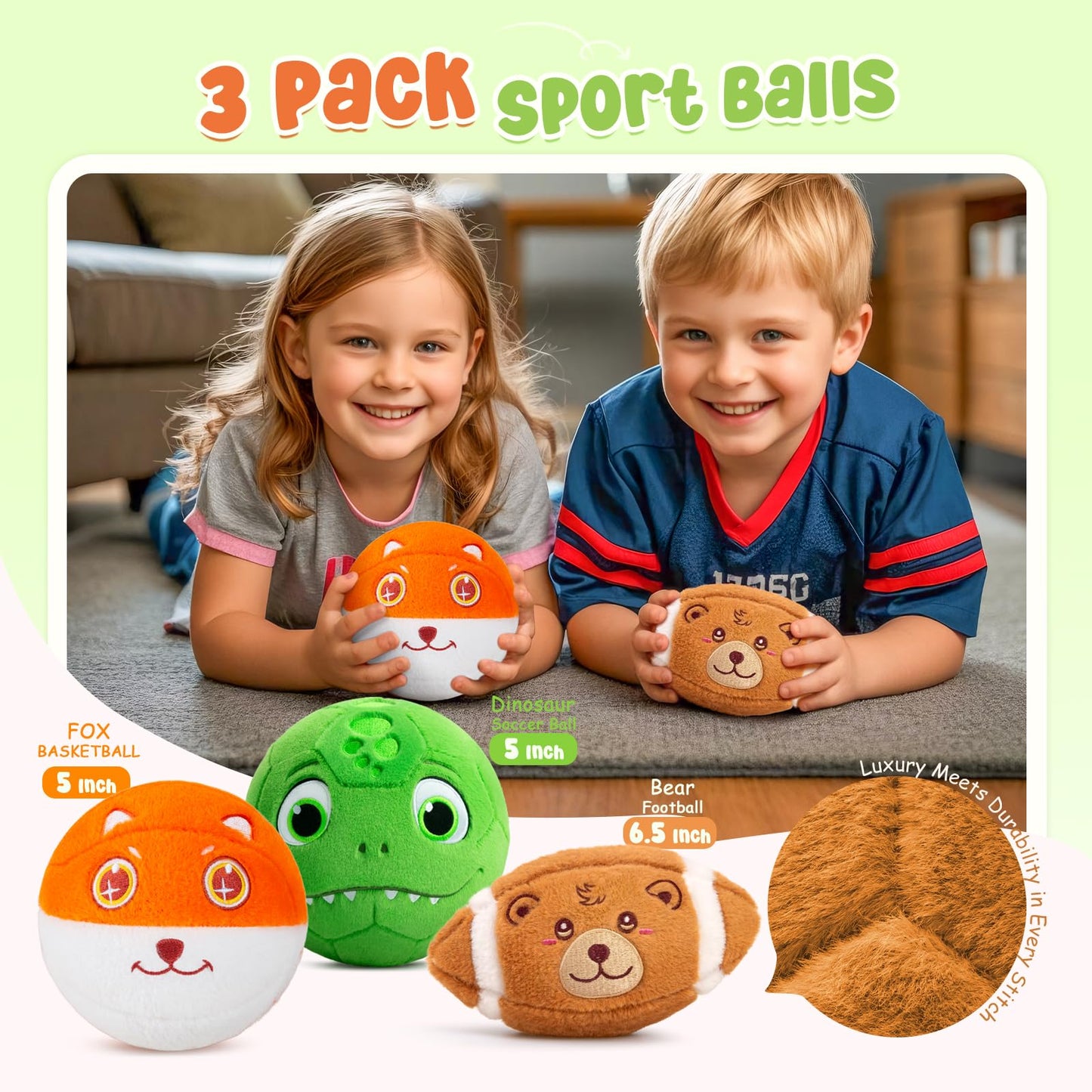 VangeBow 3 Pack Soft Plush Sports Balls for Toddlers | 5in Soccer & Basketball, 6.5in Football
