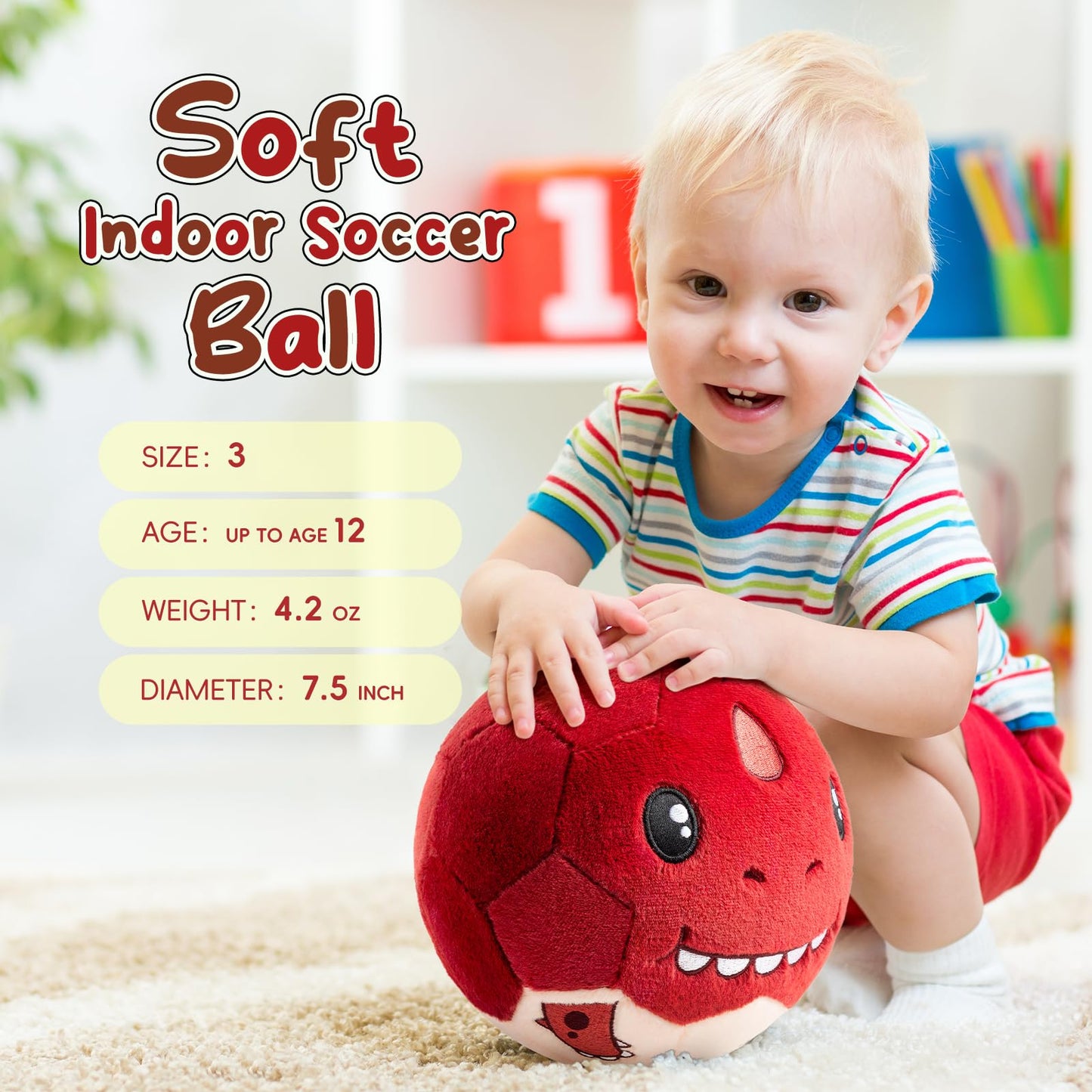 VangeBow Silent Indoor T-Rex Plush Soccer Ball for Toddlers 1-3 | Soft, Lightweight & Quiet Play