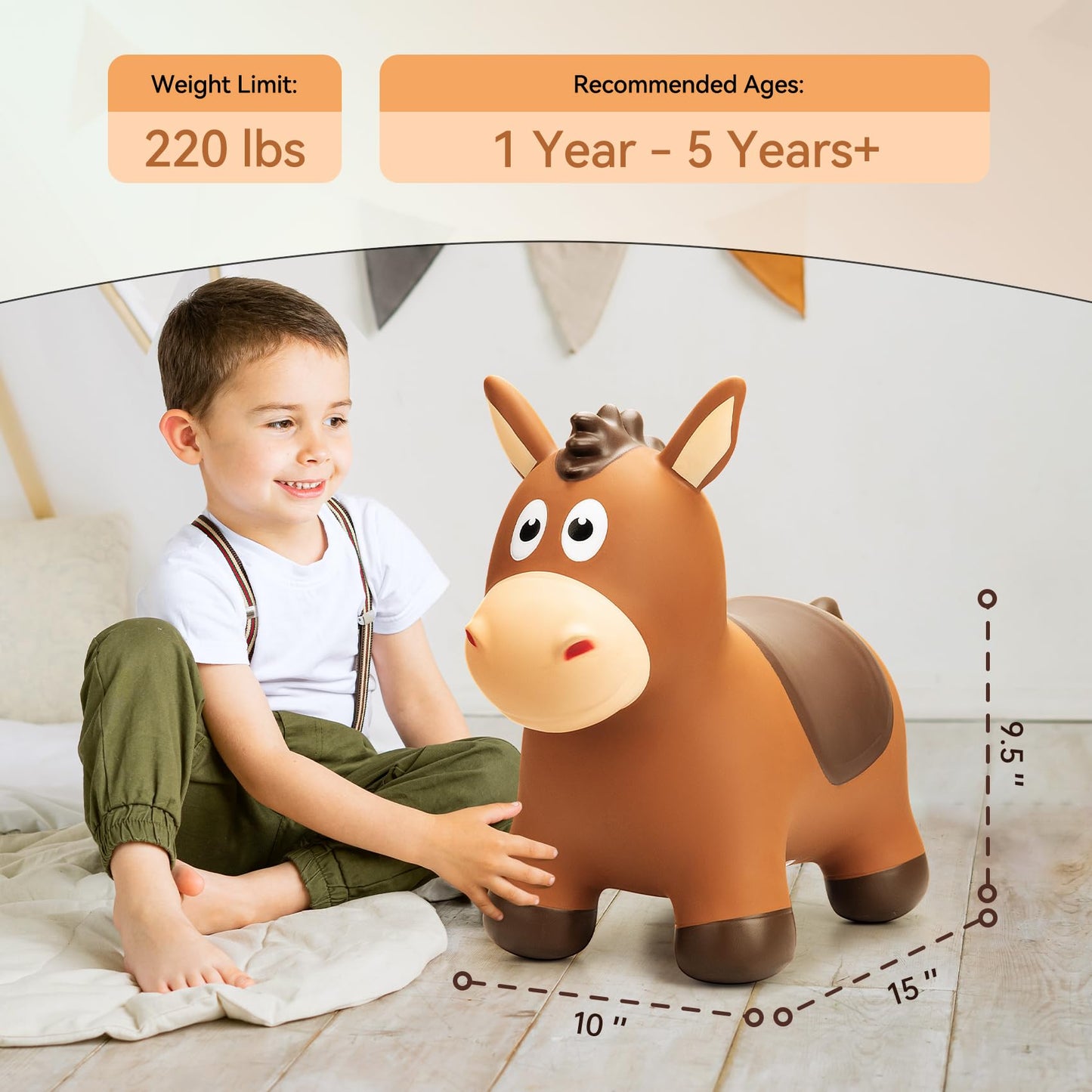 VangeBow Bouncy Horse for Toddlers 1-3 – Inflatable Ride-On Toy with Pump | Indoor & Outdoor Fun