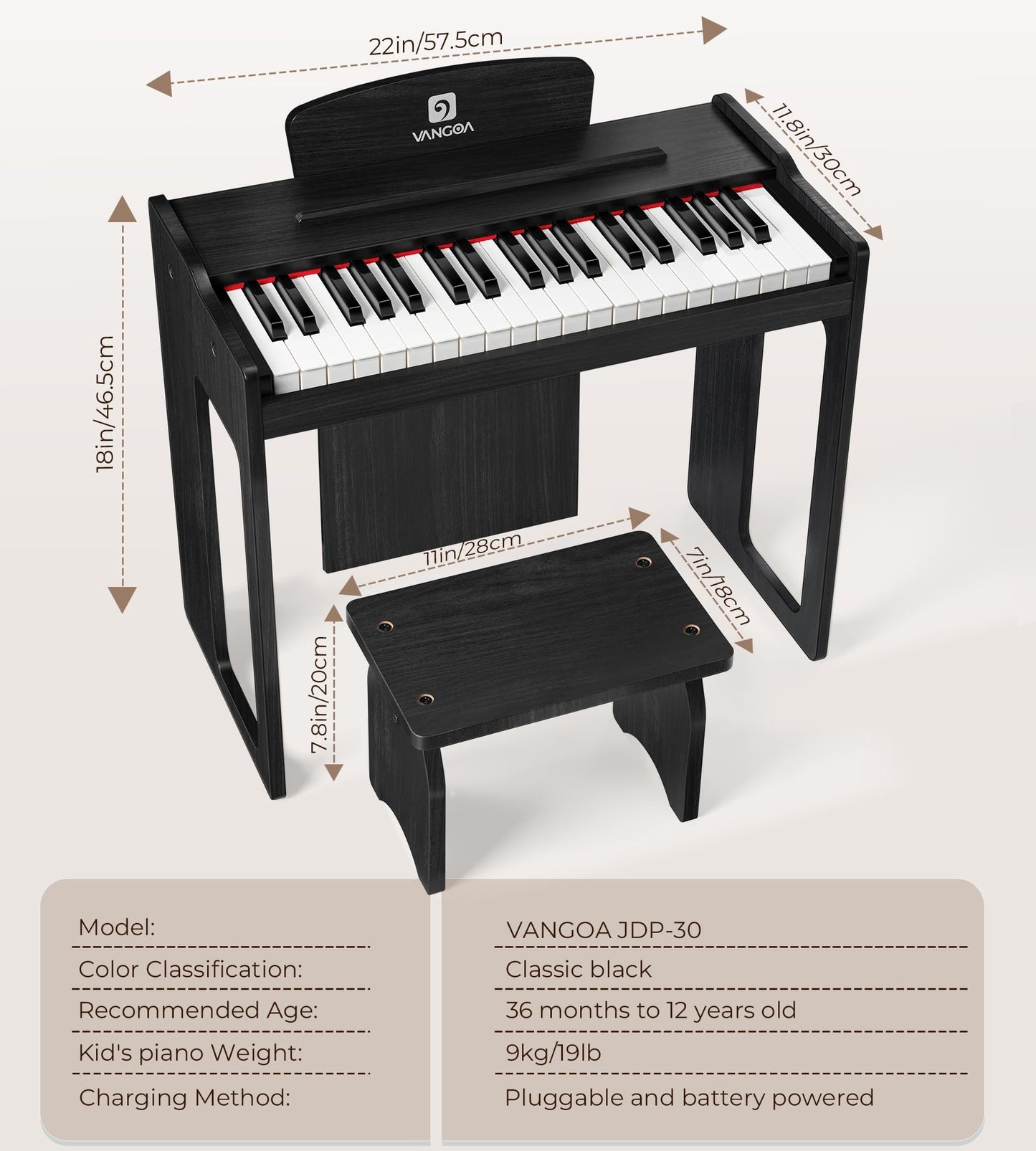 Vangoa Kids Piano Keyboard — 37 Keys Wood Digital Piano for Kids (Classic Black)