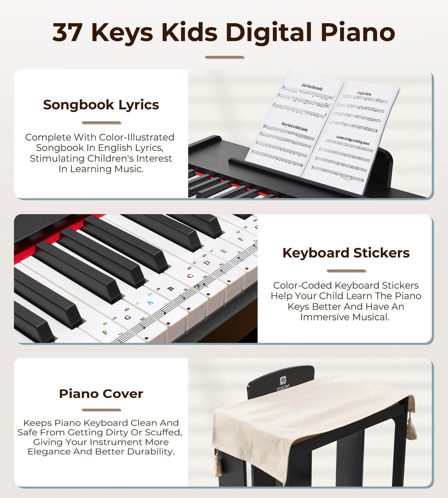 Vangoa Kids Piano Keyboard — 37 Keys Wood Digital Piano for Kids (Classic Black)