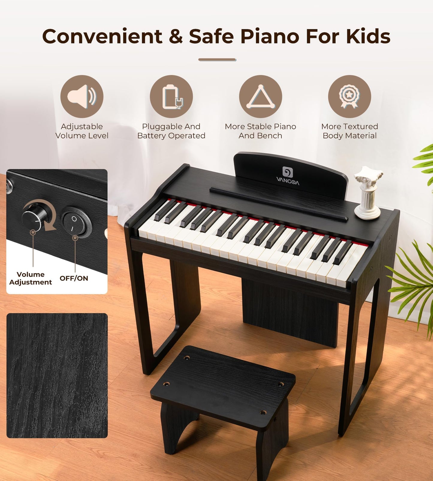 Vangoa Kids Piano Keyboard — 37 Keys Wood Digital Piano for Kids (Classic Black)