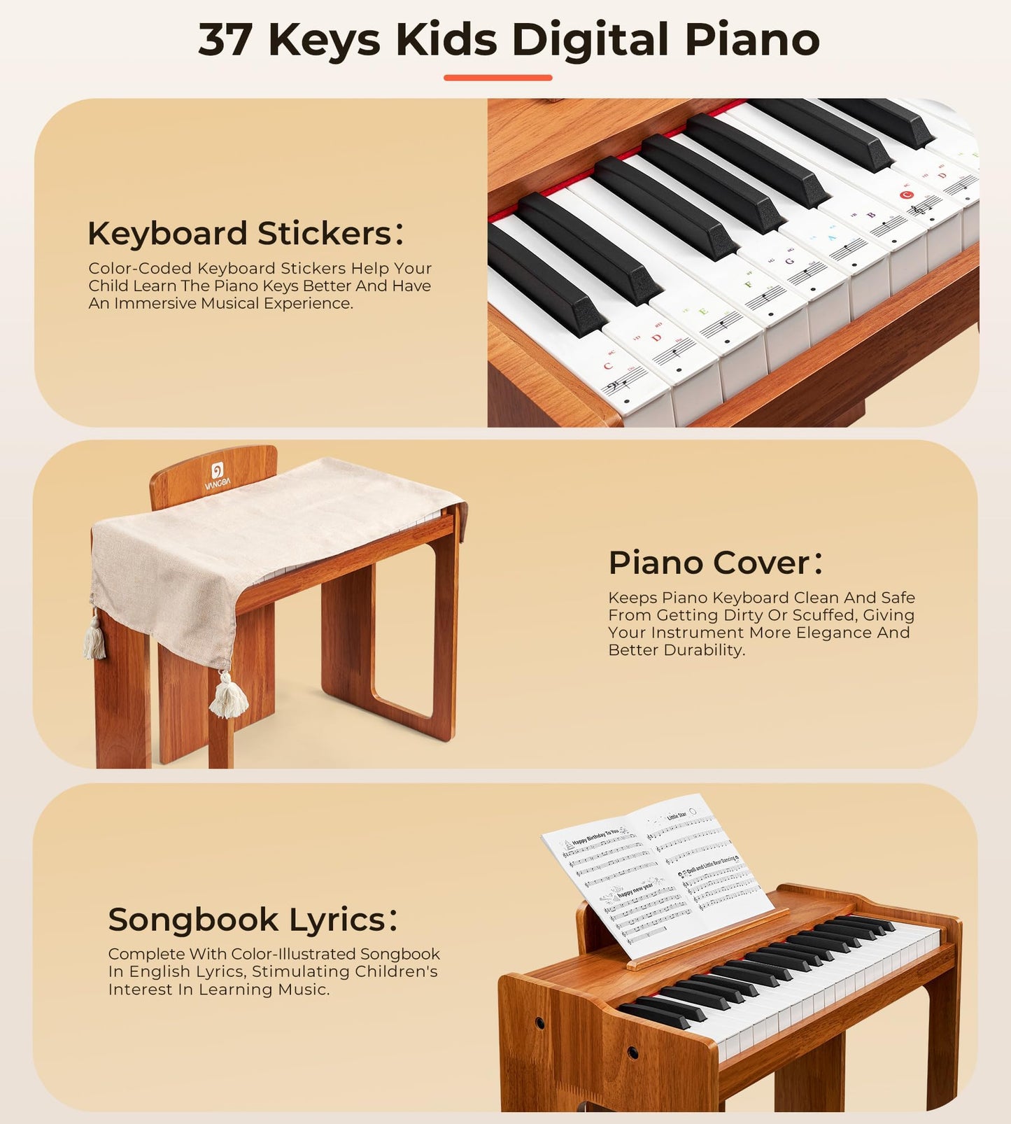 Vangoa Kids Piano 37 Keys Wood Digital Piano for Kids | Solid Wood Yellow