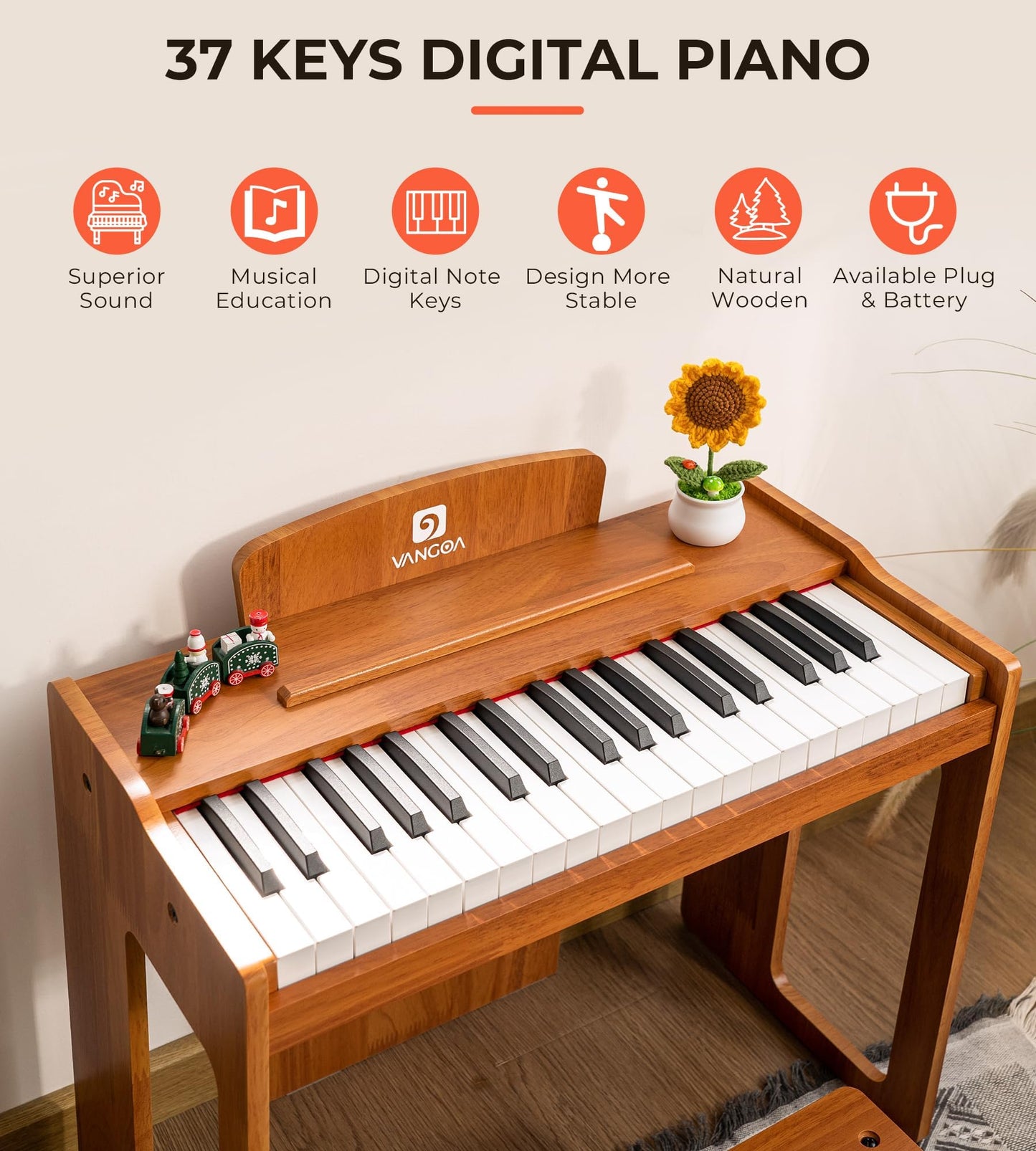 Vangoa Kids Piano 37 Keys Wood Digital Piano for Kids | Solid Wood Yellow