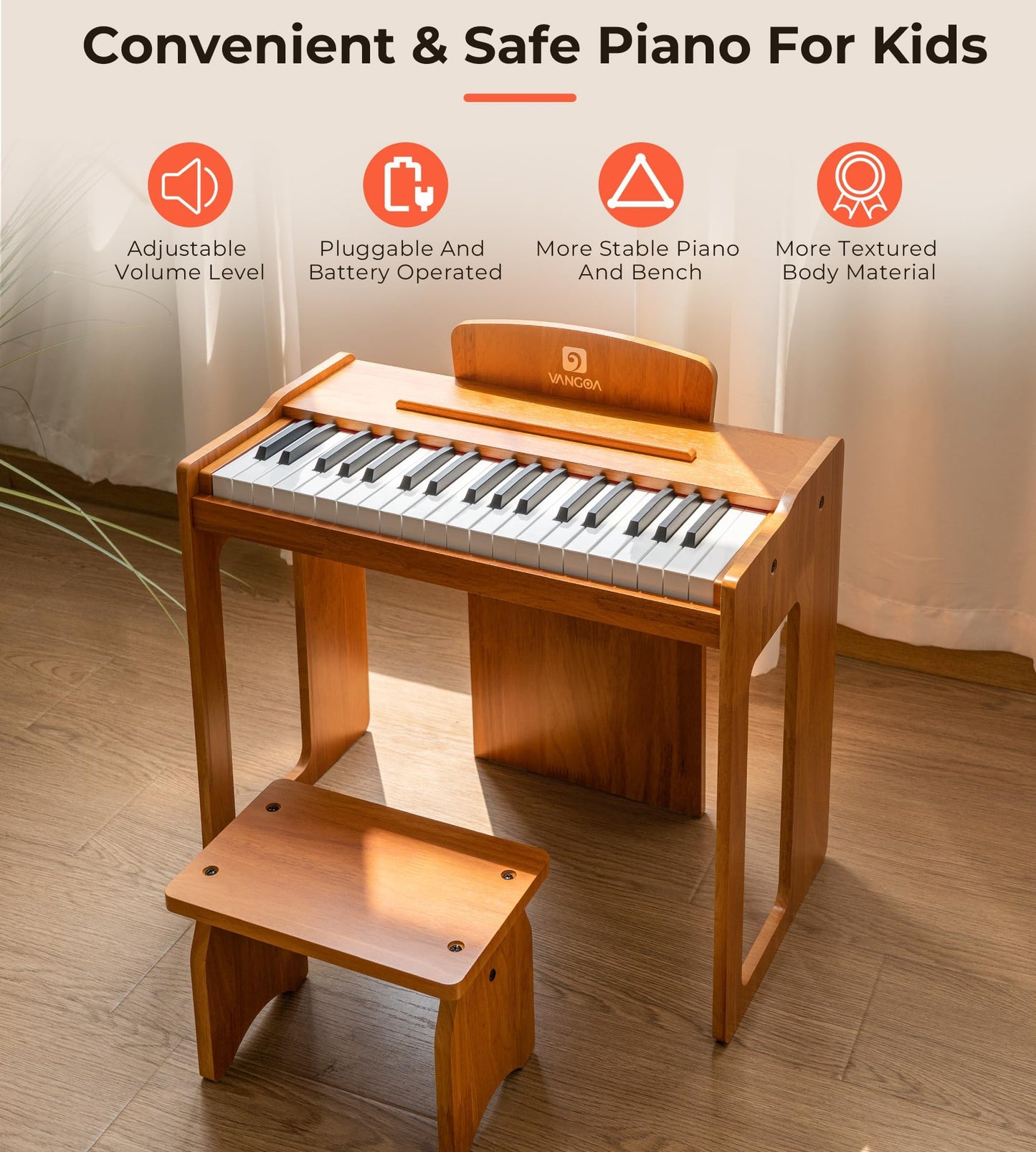 Vangoa Kids Piano 37 Keys Wood Digital Piano for Kids | Solid Wood Yellow