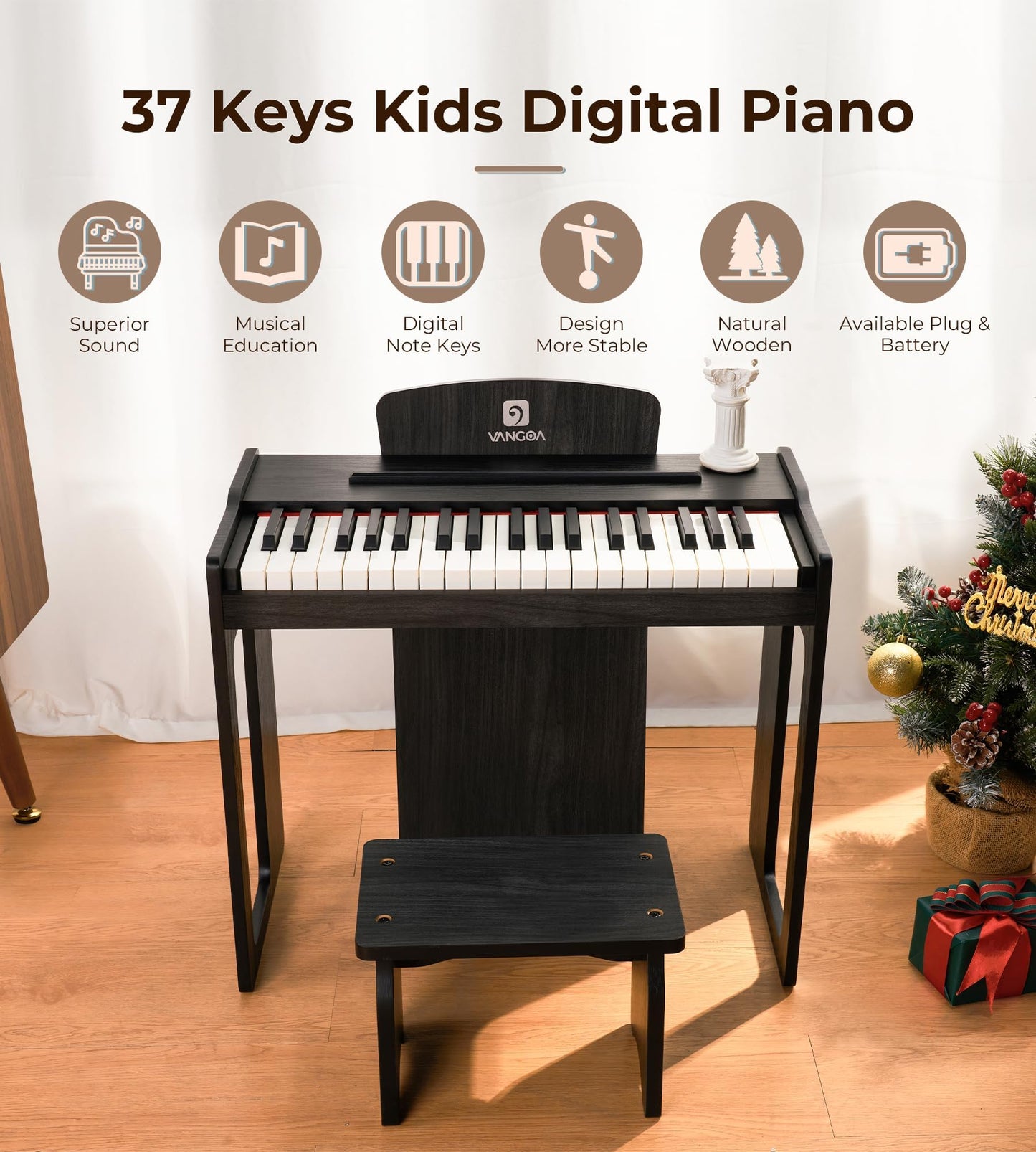 Vangoa Kids Piano Keyboard — 37 Keys Wood Digital Piano for Kids (Classic Black)