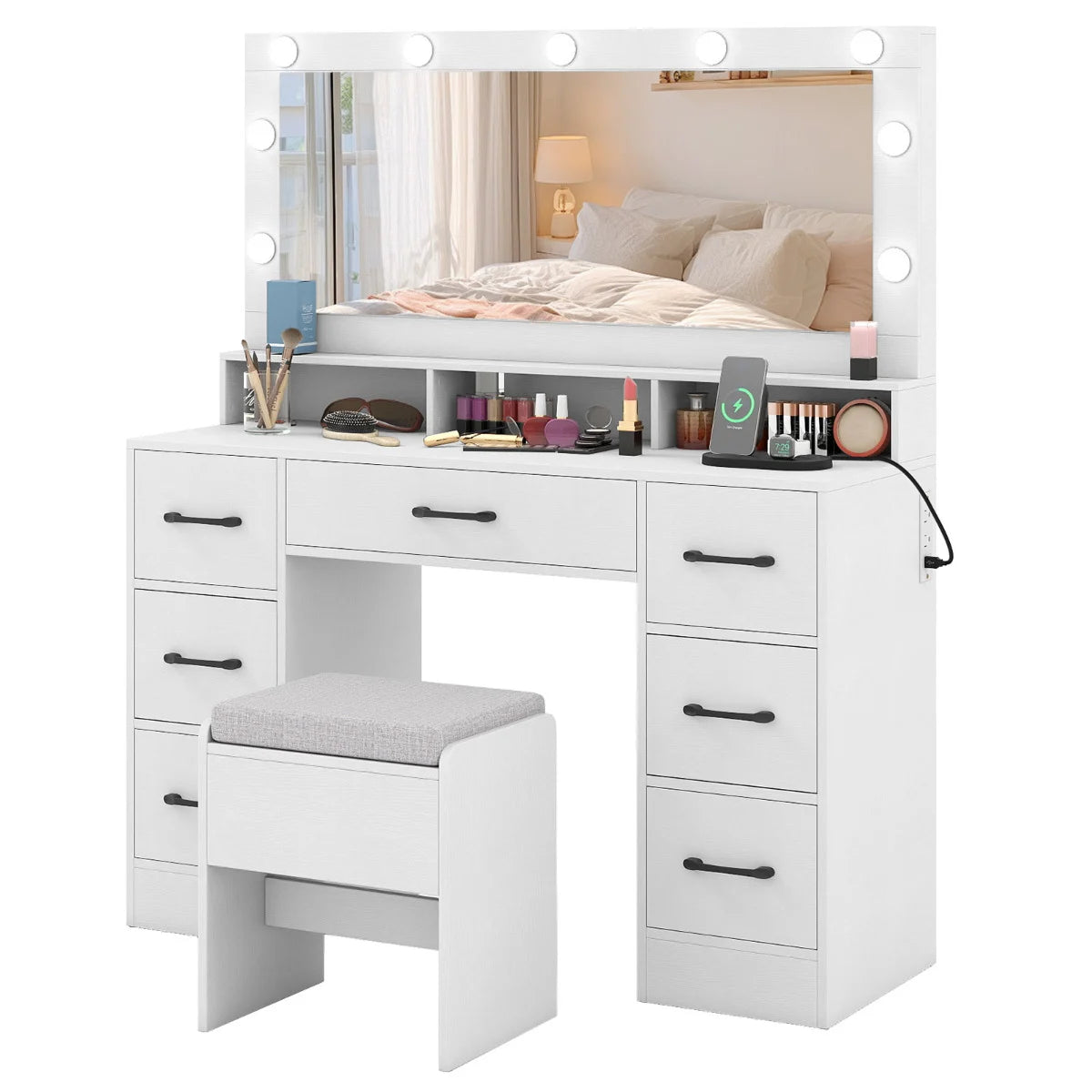 Vanity Desk with Mirror and Lights Makeup Table with Power Outlets-Rustic Brown