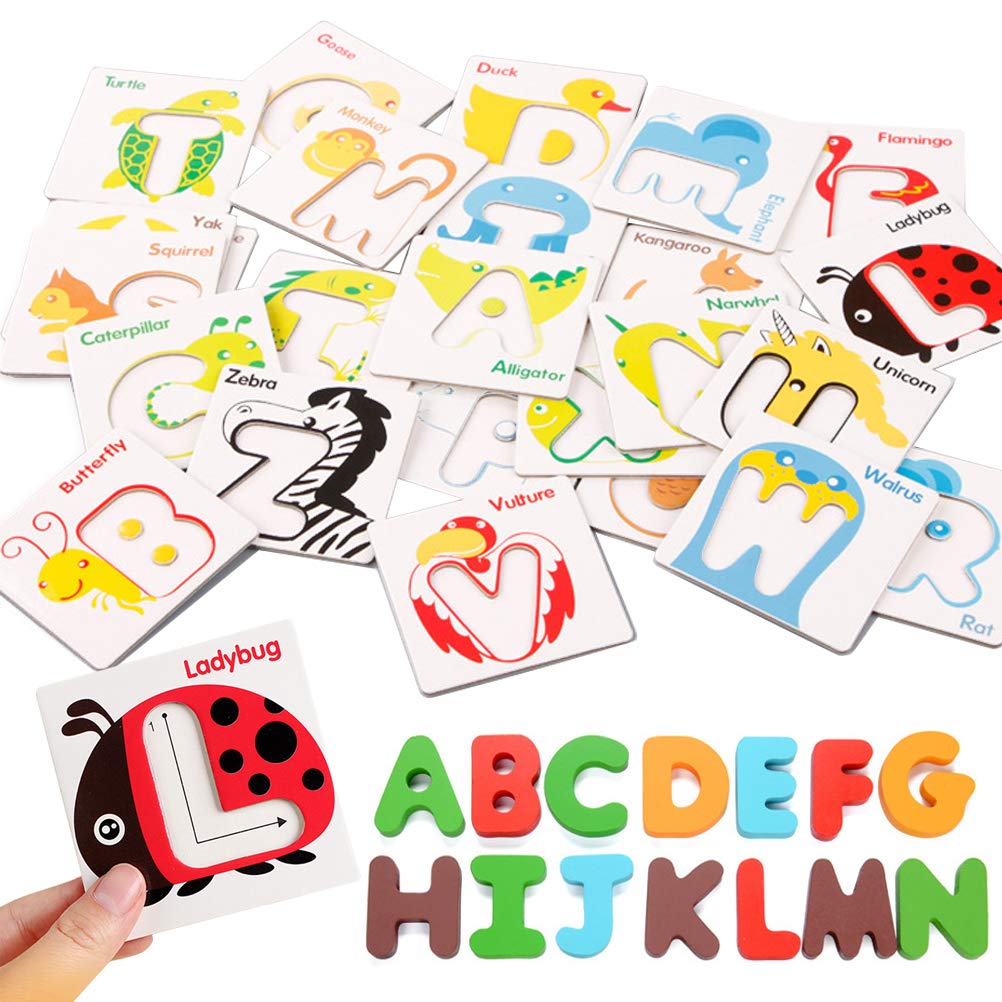 Vankcp 26 Pcs Wooden Letters & Flash Cards Set | Alphabet & Animal Color Recognition Montessori Toys