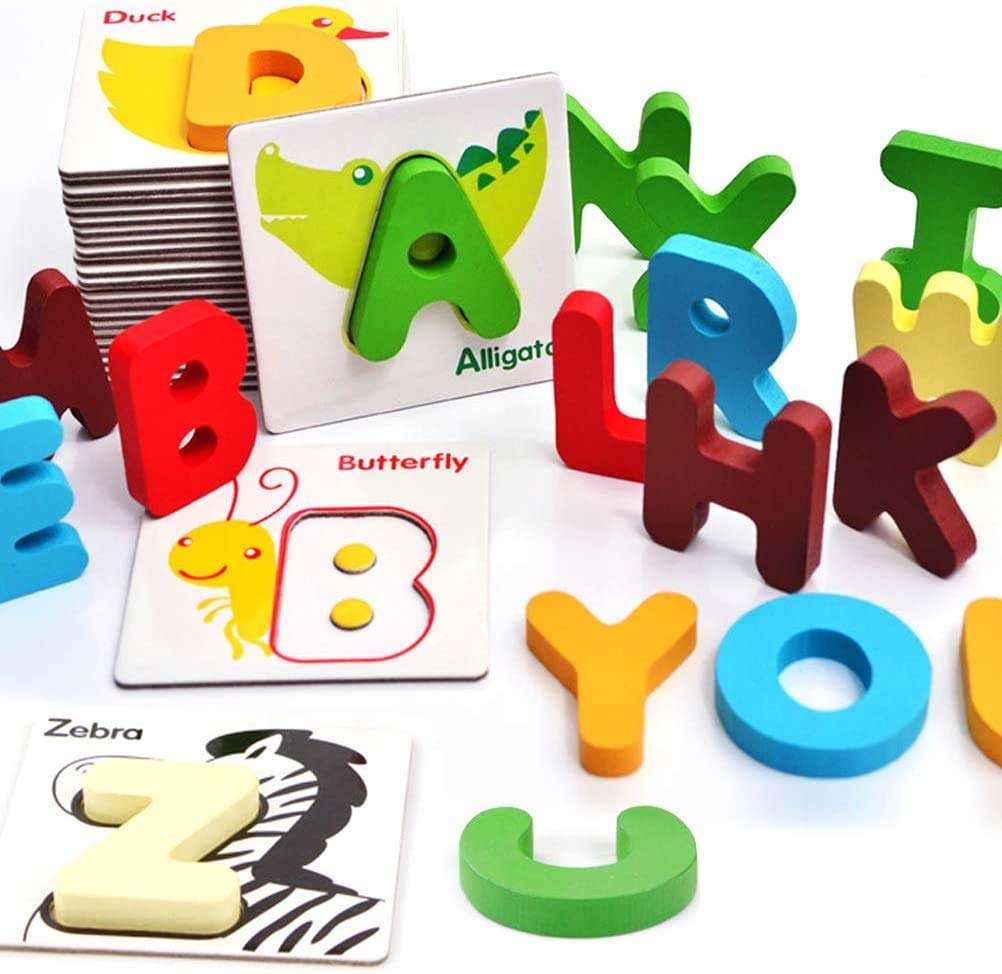 Vankcp 26 Pcs Wooden Letters & Flash Cards Set | Alphabet & Animal Color Recognition Montessori Toys