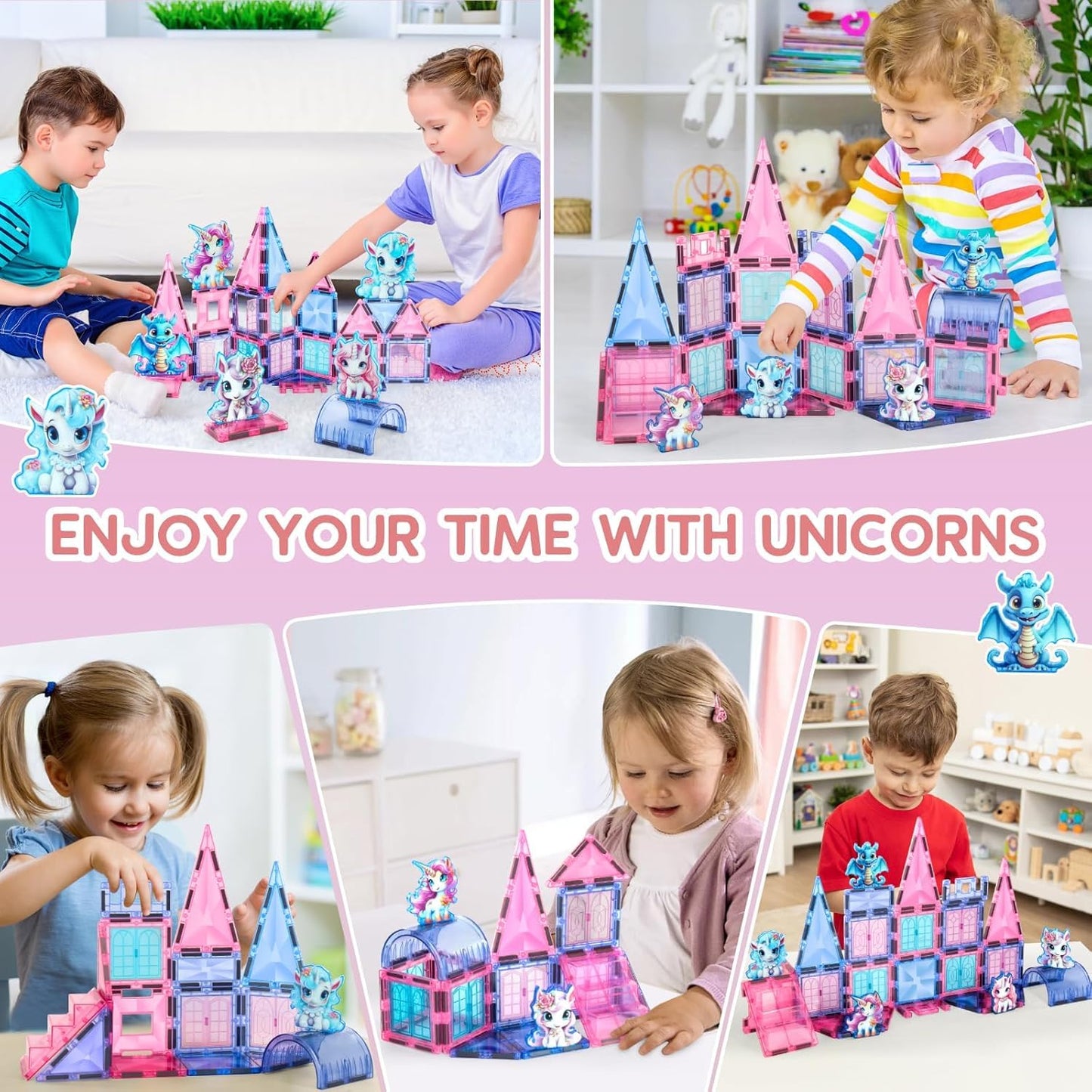 VANLINNY Unicorn Magnetic Tiles - STEM Building Blocks for Kids 4-6