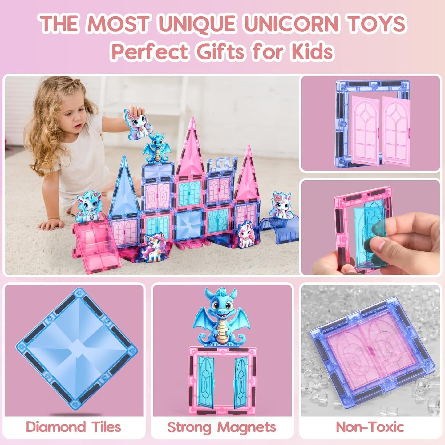 VANLINNY Unicorn Magnetic Tiles - STEM Building Blocks for Kids 4-6