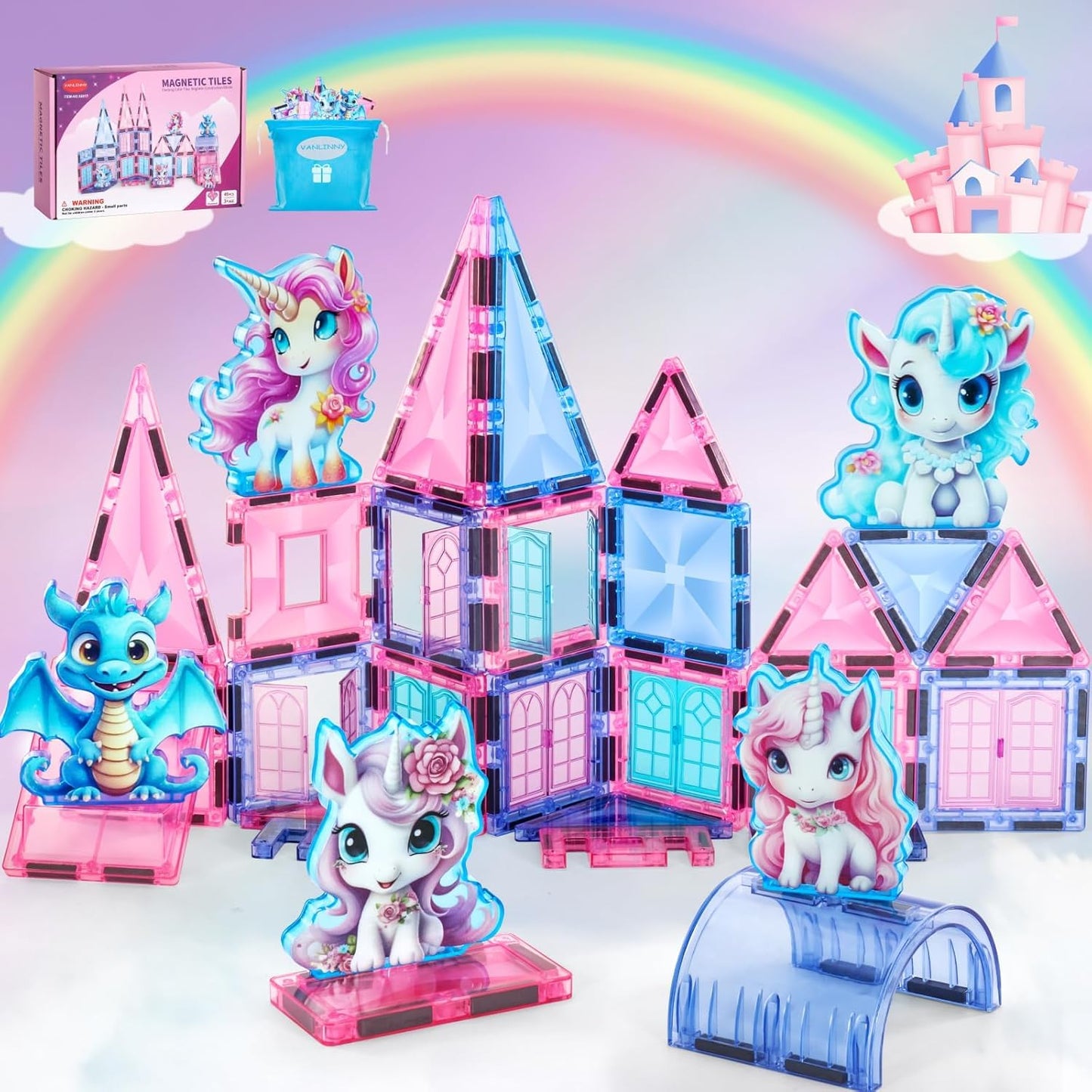 VANLINNY Unicorn Magnetic Tiles - STEM Building Blocks for Kids 4-6