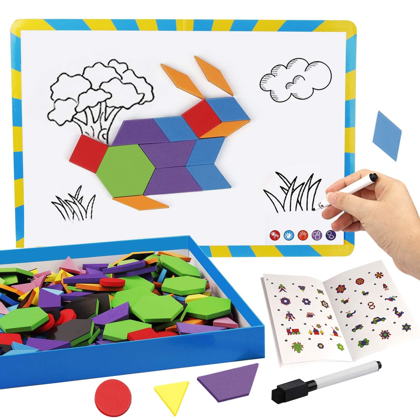 Vanmor 216PCS Magnetic Pattern Blocks Set – 298-Pattern Book & Magnetic Board | Educational Tangram Toy for Kids 3-8