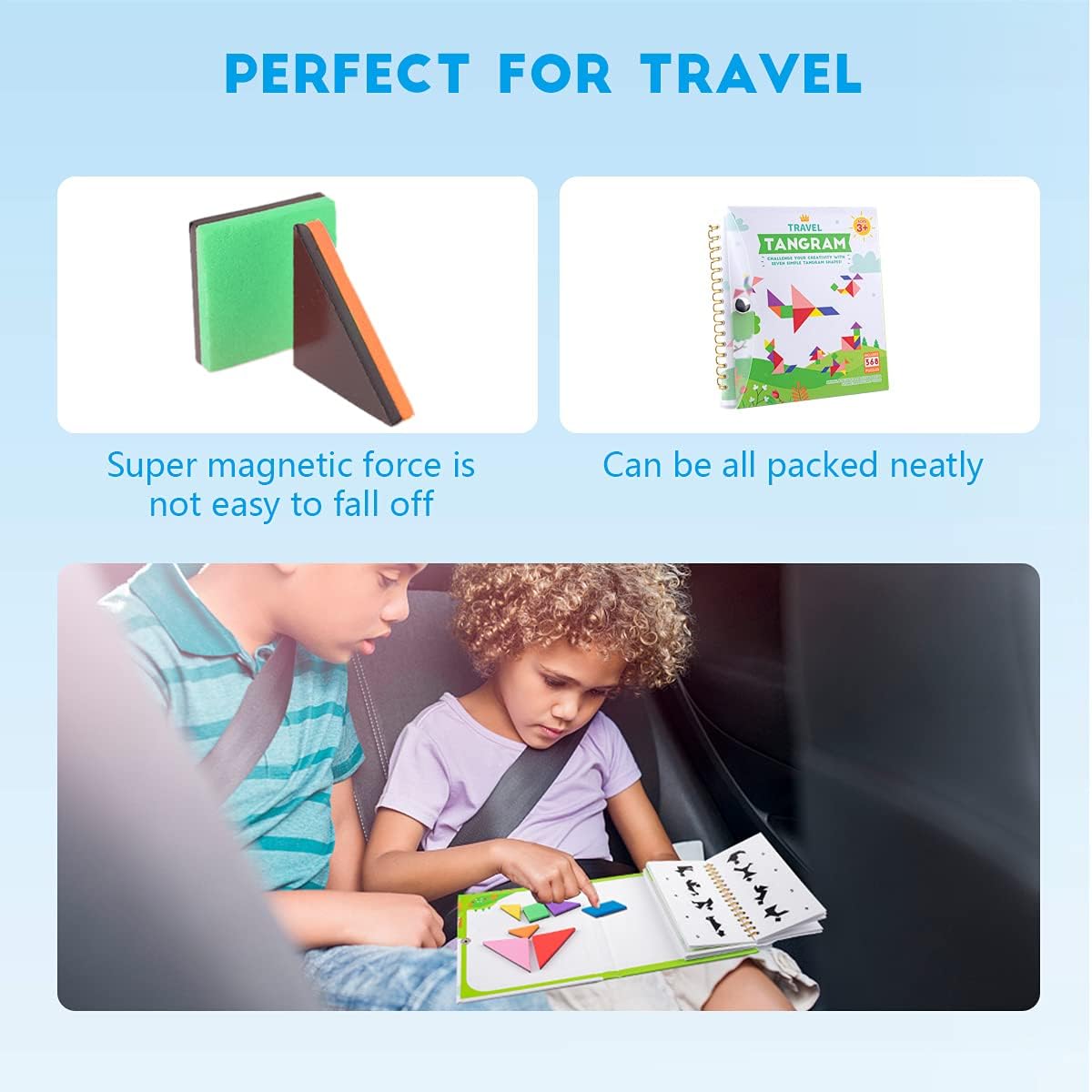 Vanmor Travel Tangram Puzzle – Magnetic Plate Blocks for Road Trips, 368 Challenges