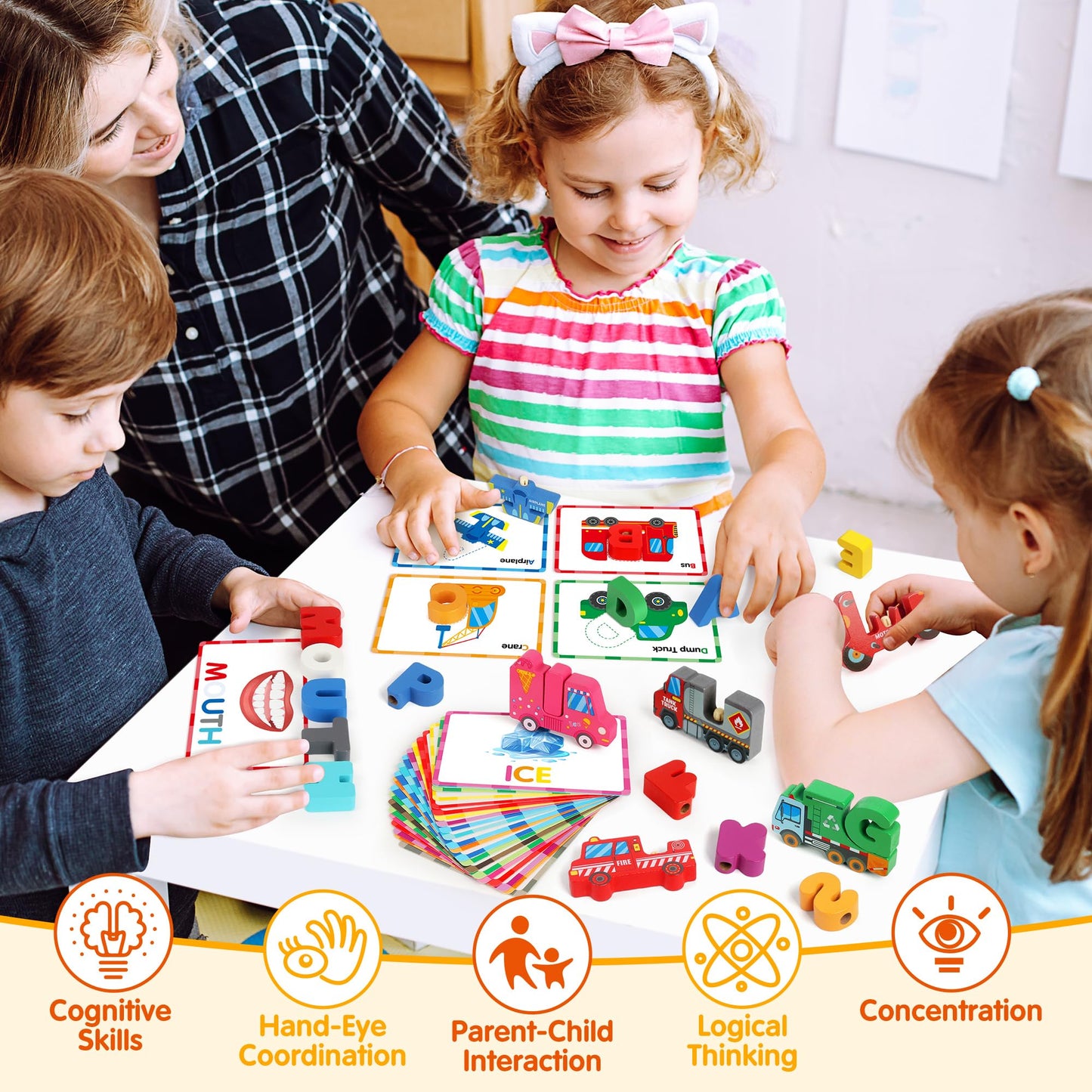 Vanmor Wooden Vehicle Alphabet Puzzle for Toddlers — 52 Blocks & 26 Flash Cards