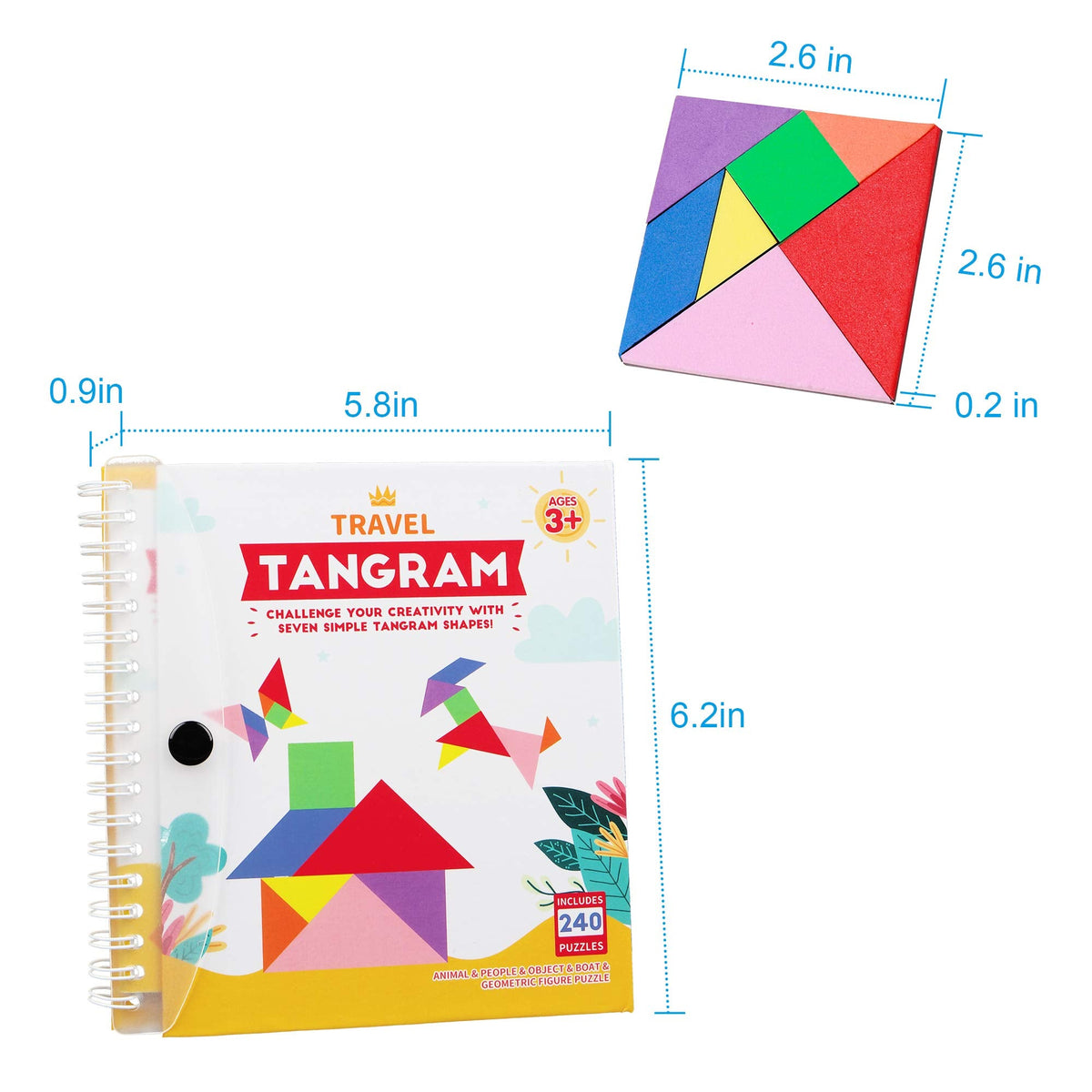 Vanmor Travel Tangram Puzzle — 3 Magnetic Sets with 240 Solutions | Montessori Shape Blocks