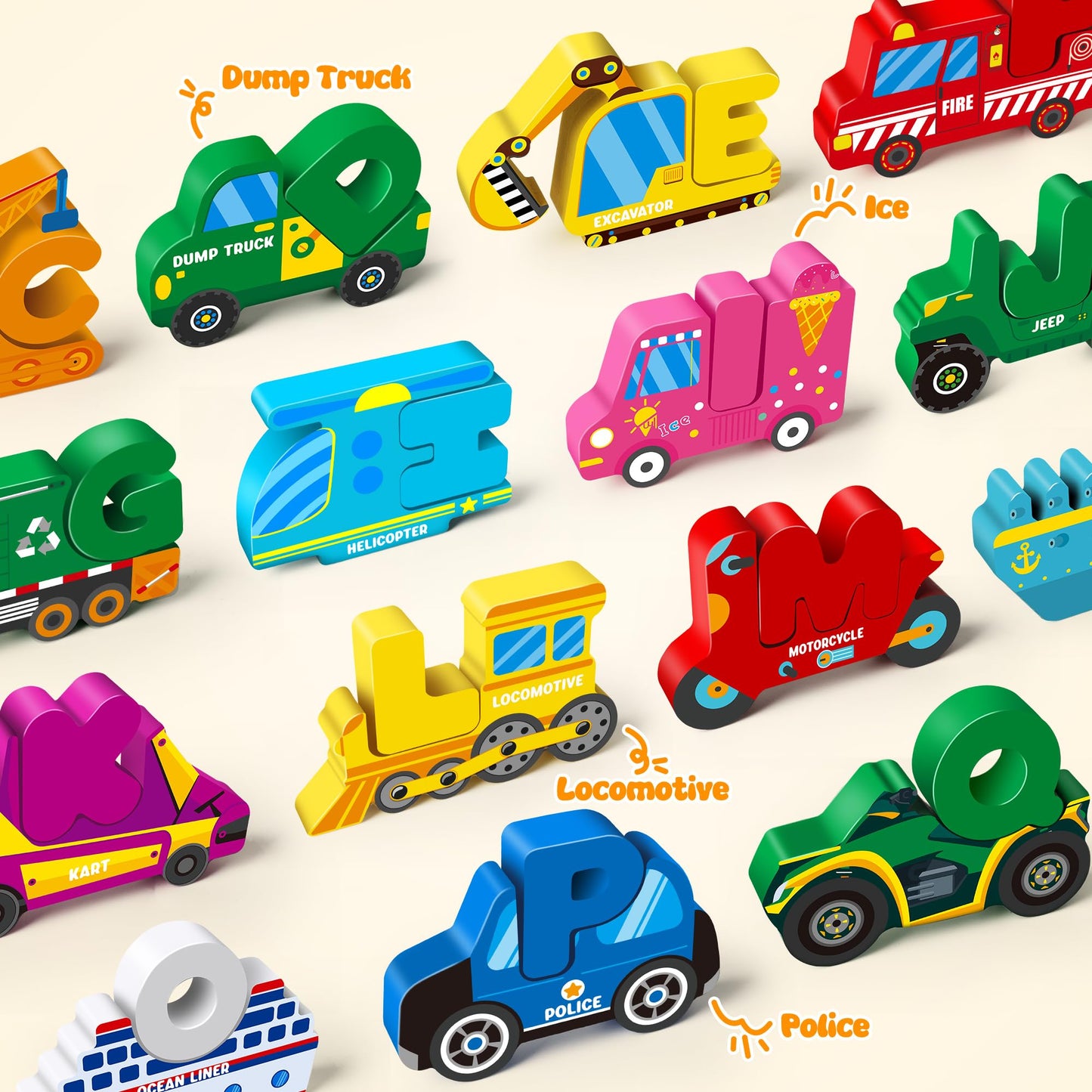Vanmor Wooden Vehicle Alphabet Puzzle for Toddlers — 52 Blocks & 26 Flash Cards